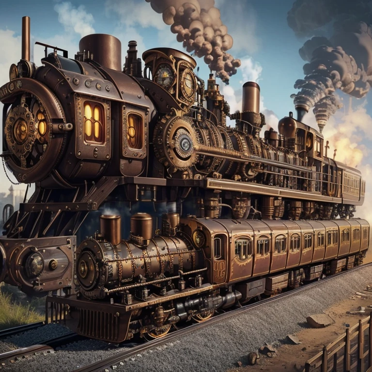 A ((custom steampunk train:1.3)), combining elements of Victorian design with retro-futuristic technology, set on the tracks with ((steam escaping:1.3)), detailed with cogs, gears and pipes, bright colors, dynamic scene, high definition, high quality, 16k resolution