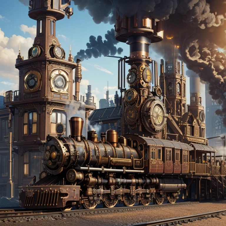 A ((custom steampunk train:1.3)), combining elements of Victorian design with retro-futuristic technology, set on the tracks with ((steam escaping:1.3)), detailed with cogs, gears and pipes, bright colors, dynamic scene, high definition, high quality, 16k resolution