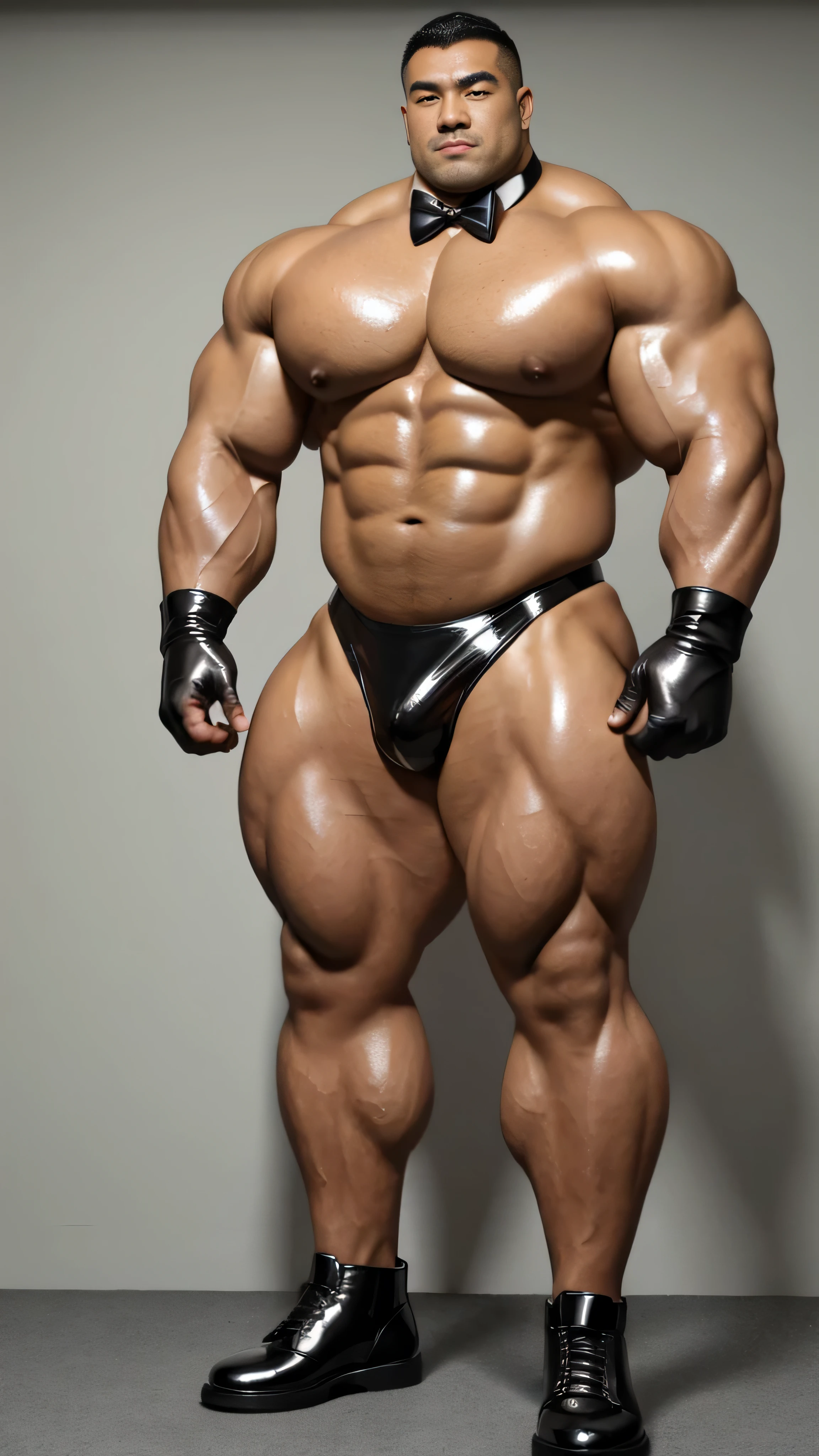 There is only one person in the picture，a chinese bodybuilder，30 years old，Hulk size，High, Strong and handsome，standing in front of gray background board，Paired with glossy black leather bow tie，short hair, O-shaped beard，Perfect body, Dark and shiny complexion，Muscle bulge, muscular, Very big pecs，Very sexy abs，Leg muscles are very developed，High and burly，Huge bumpy area，Brighten oily skin，Black leather shiny leather gloves, Wearing a gold leather shiny thong, Wear black leather shoes to shine，handsome face，detailed facial features, Correct and accurate male anatomy, full-body shot, Large pecs, Wet oil wax gloss for oily muscles and skin，Professional photography。