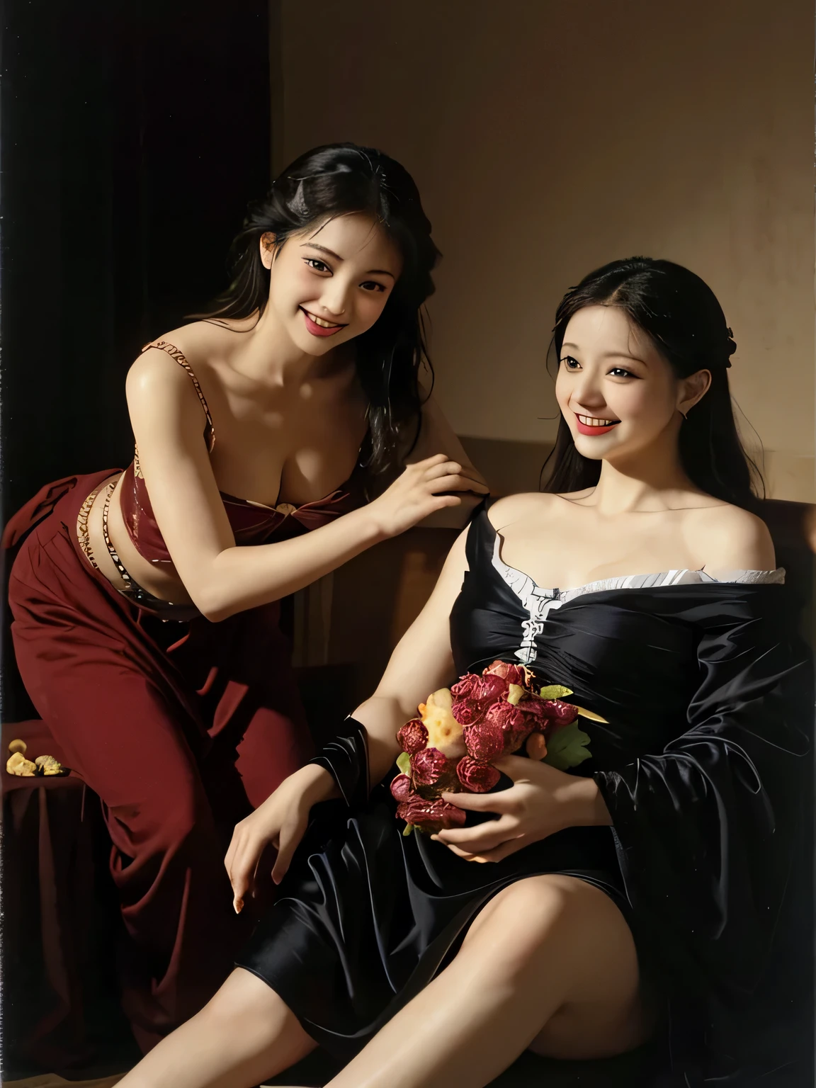full body portrait ,fruits,Grapes,Rosa,antique,A smile,,Sweet and seductive appearance.、Caravaggio's paintings、Chiaroscuro of Caravaggio,Two women frolicking,Cute smile, Expression of ecstasy