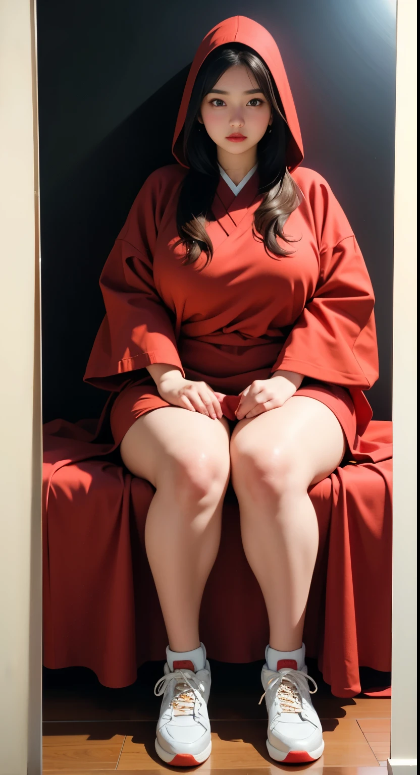 there is a woman sitting down with a longest brown hair, bbwchan, thicc, brown hijab outfit, brown hairstyle model, korean girl, korean woman, wearing brown robe, full length shot, alluring plus sized model, japanese goddess, clothed in hooded, voluptuous and arousing, portrait shot, curvy model, voluptuous body, wonderful, nene tanaka body , bbwchan, The overall atmosphere is smooth , haunting illustrations, extremely high-resolution details, photographic, realism pushed to extreme, fine texture, 4k, ultra-detailed, high quality, high contrast, red sneakers , cold atmosphere ,,