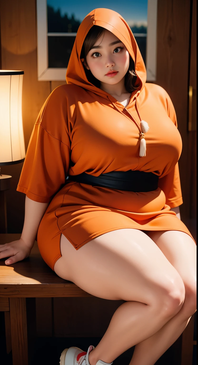 there is a woman sitting down with a longest brown hair, bbwchan, thicc, brown hijab outfit, brown hairstyle model, korean girl, korean woman, wearing brown robe, full length shot, alluring plus sized model, japanese goddess, clothed in hooded, voluptuous and arousing, portrait shot, curvy model, voluptuous body, wonderful, nene tanaka body , bbwchan, The overall atmosphere is smooth , haunting illustrations, extremely high-resolution details, photographic, realism pushed to extreme, fine texture, 4k, ultra-detailed, high quality, high contrast, red sneakers , cold atmosphere ,,