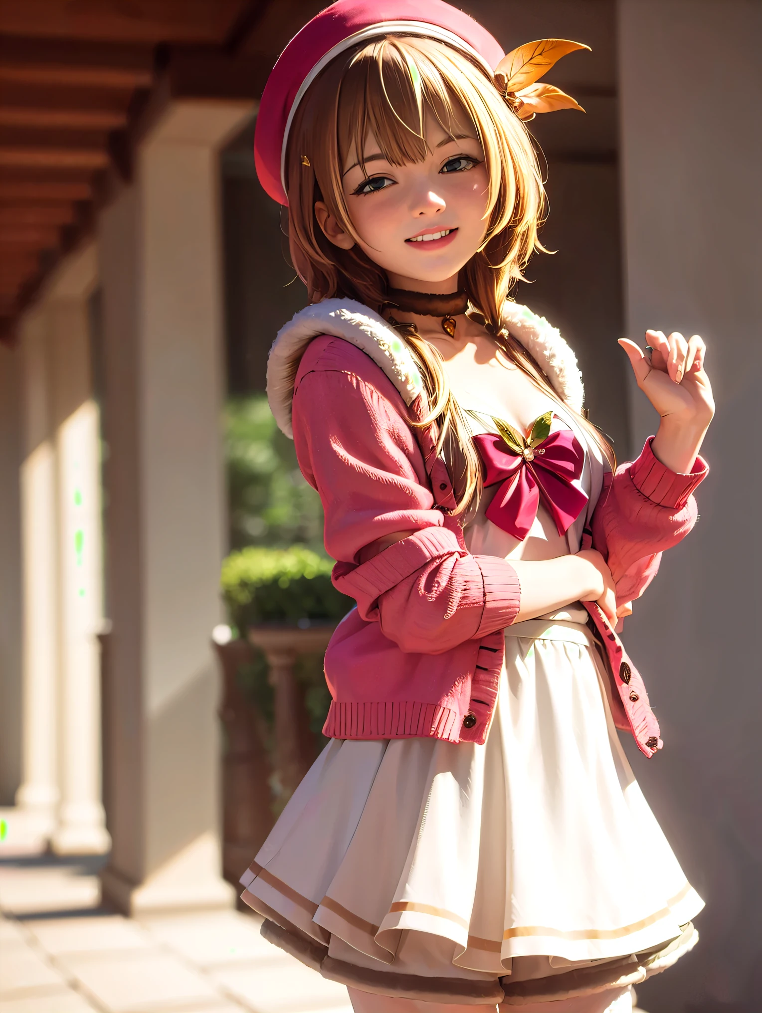 cute smile, Ayunda is worried, squirrel girl, Squirrel ears, squirrel tail, beret, Leaf hair ornament, pink cardigan, white dress, red bow, choker, acorn, forest, put your hand on your waist