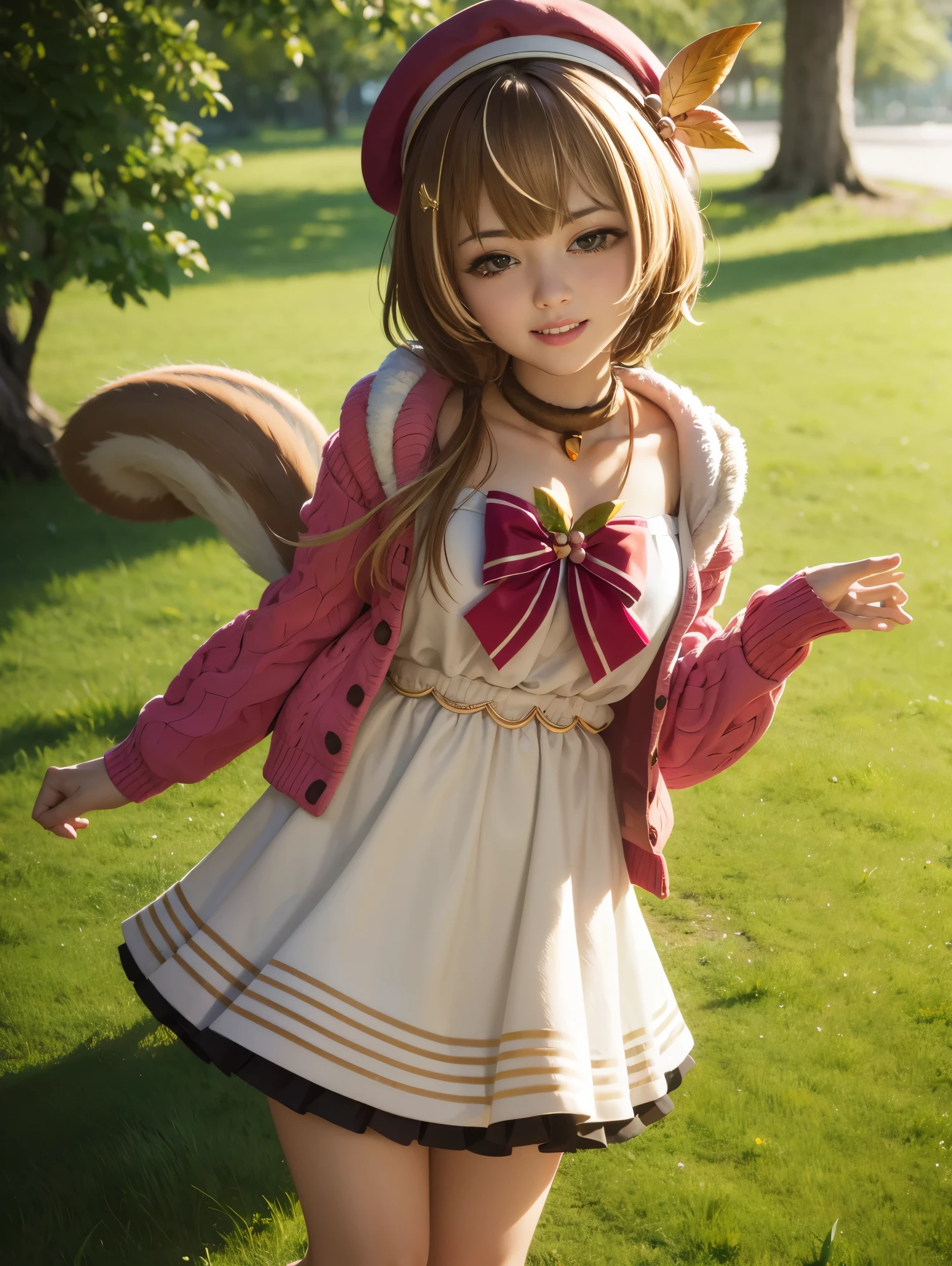 cute smile, Ayunda is worried, squirrel girl, Squirrel ears, squirrel tail, beret, Leaf hair ornament, pink cardigan, white dress, red bow, choker, acorn, forest, put your hand on your waist