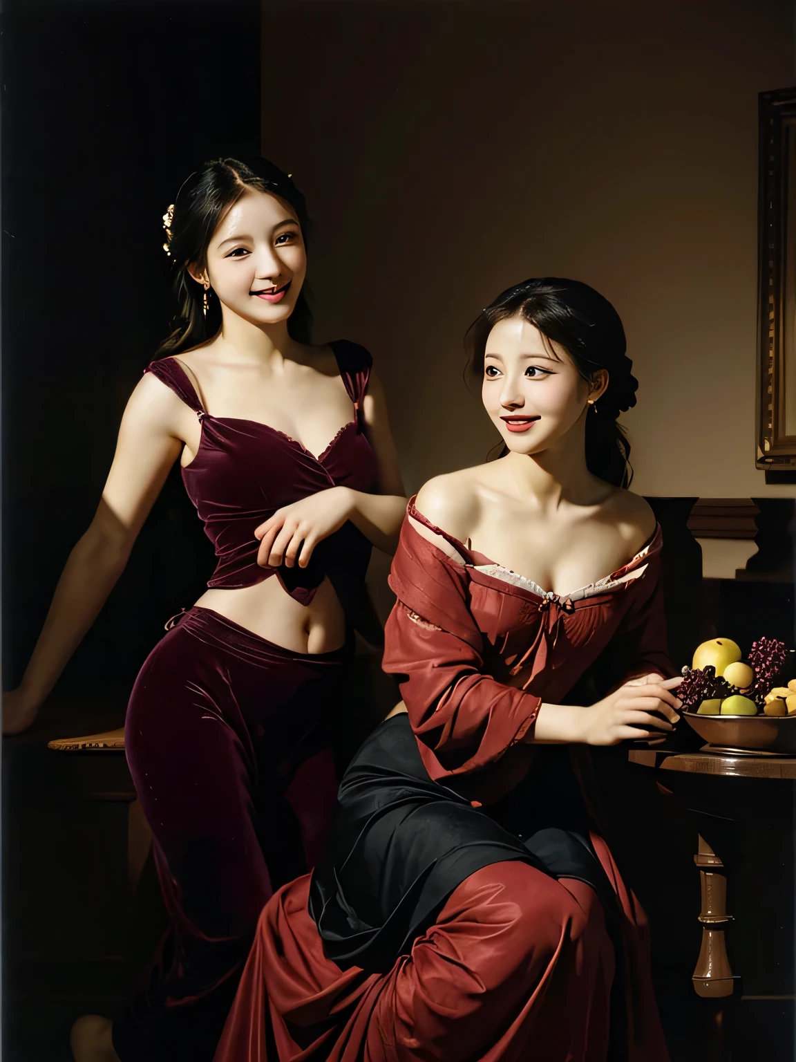 full body portrait ,fruits,Grapes,Rosa,antique,A smile,,Sweet and seductive appearance.、Caravaggio's paintings、Chiaroscuro of Caravaggio,Two women frolicking,Cute smile, Expression of ecstasy