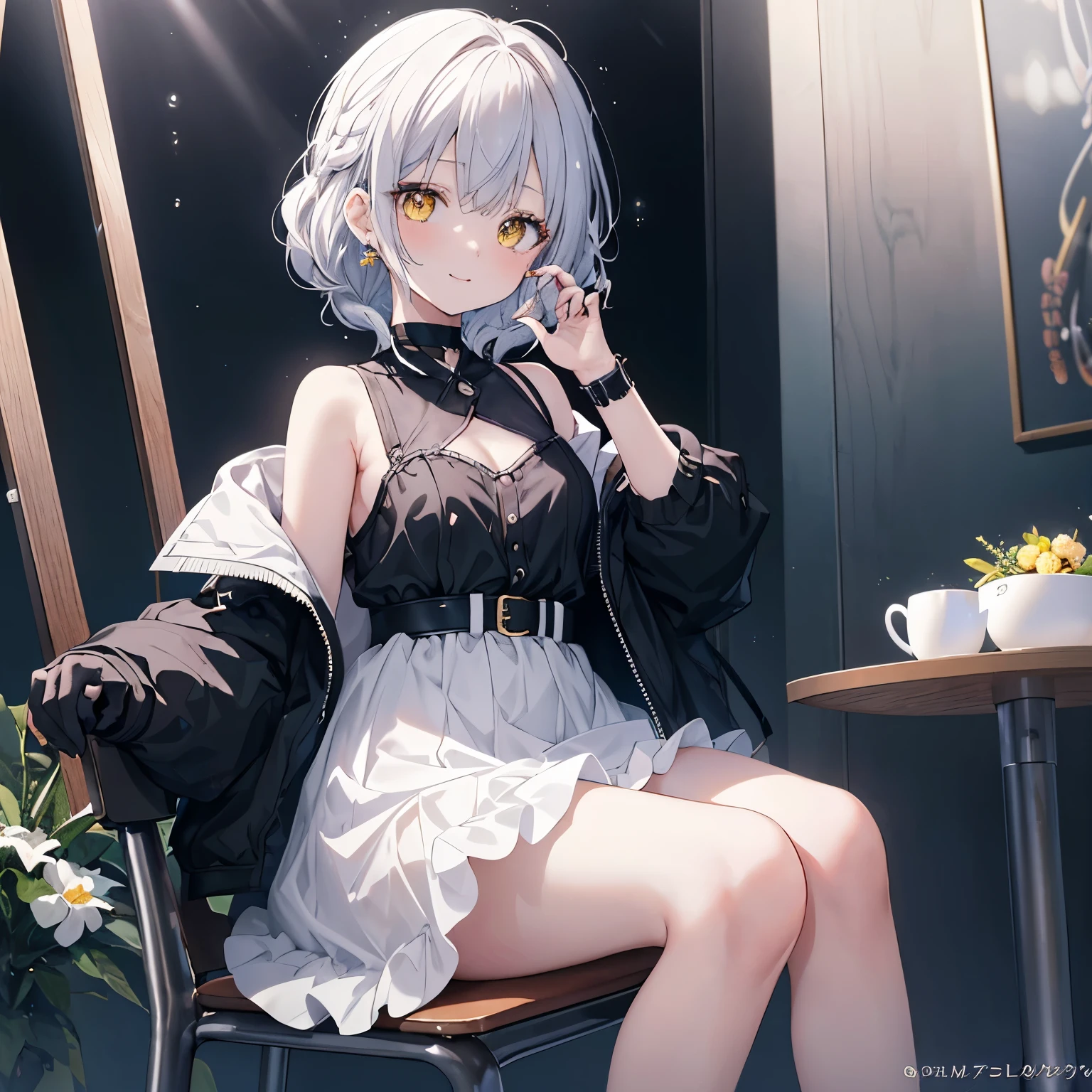 One person, Beautiful college girl, Small breasts, Short gray hair, Expose, Embarrassed, Short skirt, I can see her panties, Shoulder Bare, sit, 2 legs