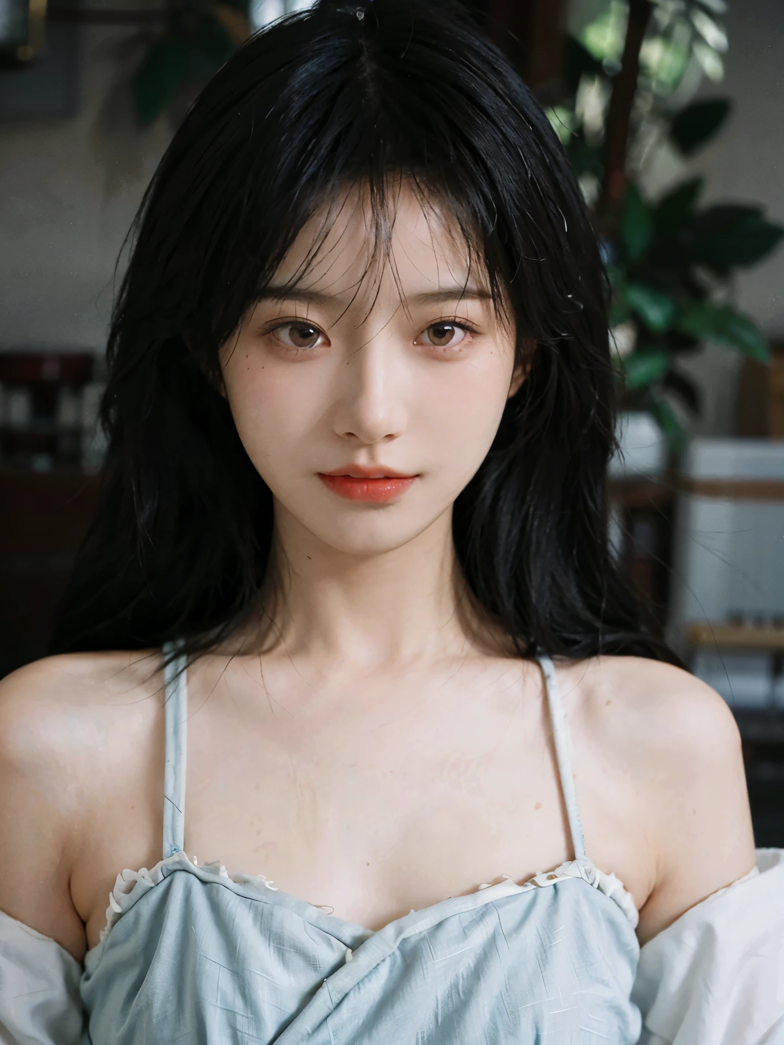 Film portrait photography, 2 girls, bare shoulders, Shoulder length wavy hair, Snow-white cheongsam，(Realistic and detailed eyes, natural skin texture, Realistic facial details),, depth of field, Bokeh, Vibrant details, Detailed and detailed, Surrealism, 35mm film, hazy, ,self-shot，