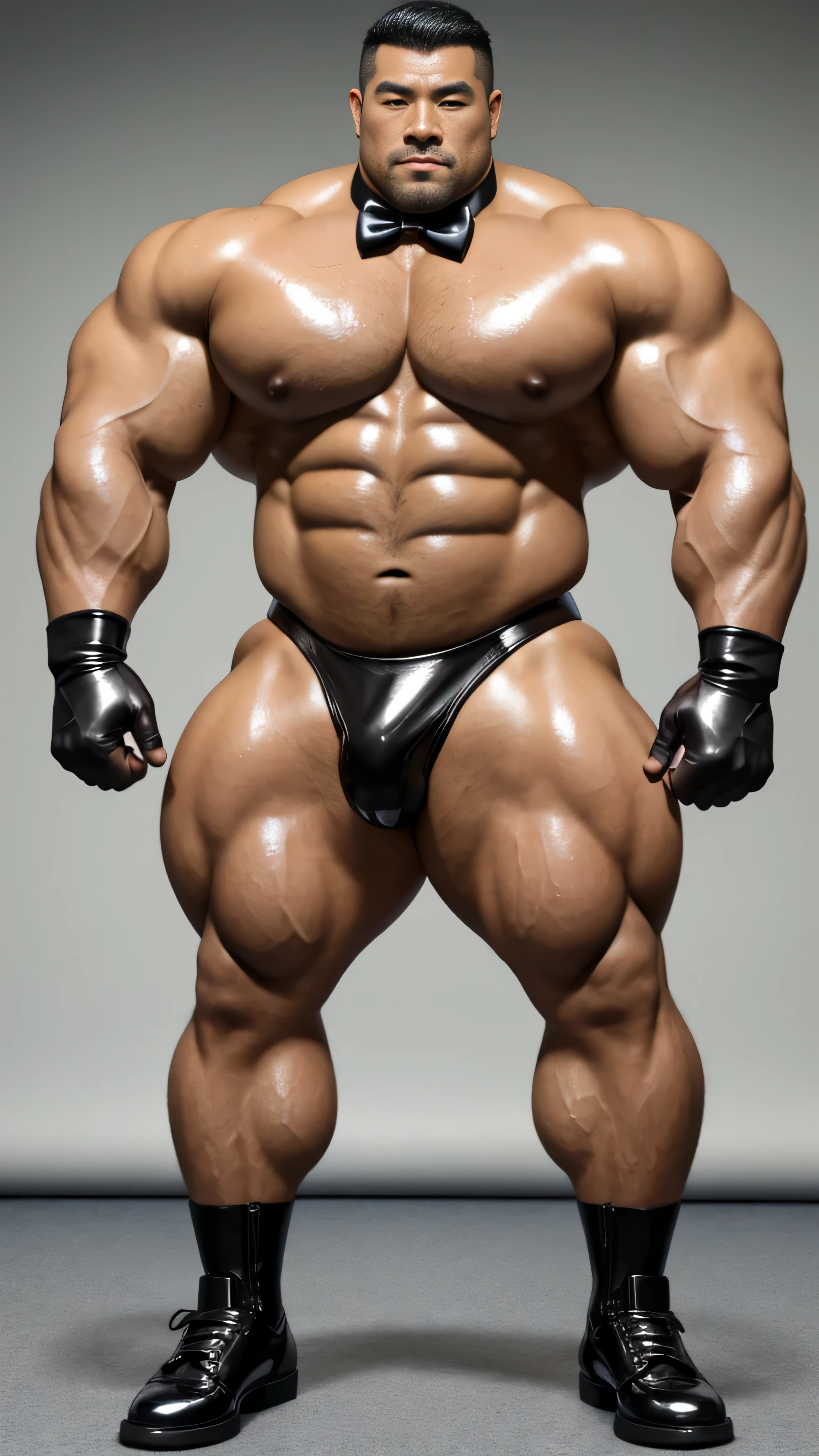 There is only one person in the picture,a chinese bodybuilder,30 years old,Hulk size,High, Strong and handsome,standing in front of gray background board,Paired with glossy black leather bow tie,short hair, O-shaped beard,Perfect body, Dark and shiny complexion,Muscle bulge, muscular, Very big pecs,Very sexy abs,Leg muscles are very developed,High and burly,Huge bumpy area,Brighten oily skin,Black leather shiny leather gloves, Wearing a gold leather shiny thong, Wear black leather shoes to shine,handsome face,detailed facial features, Correct and accurate male anatomy, full-body shot, Large pecs, Wet oil wax gloss for oily muscles and skin,Professional photography。