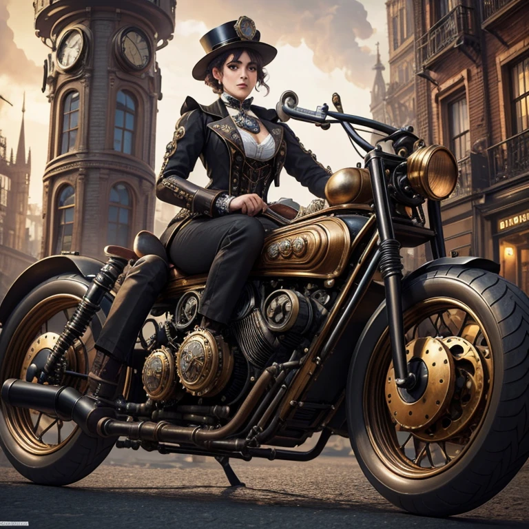 A custom steampunk moto, combining elements of Victorian design with retro-futuristic technology, set in a bustling city square of the steam era, detailed with cogs, gears, and stem pipes, vibrant colors, dynamic scene, high definition, high quality, 16k resolution