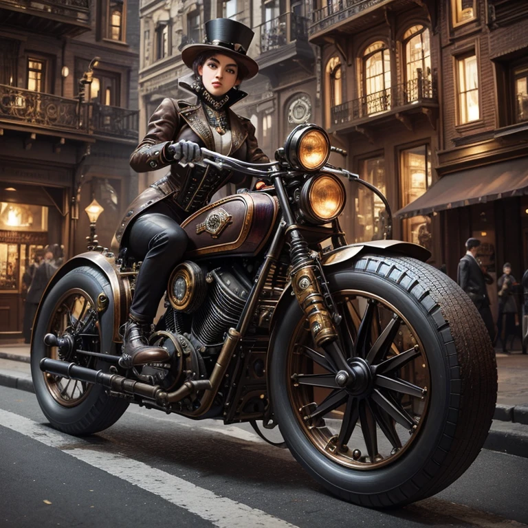 A custom steampunk moto, combining elements of Victorian design with retro-futuristic technology, set in a bustling city square of the steam era, detailed with cogs, gears, and stem pipes, vibrant colors, dynamic scene, high definition, high quality, 16k resolution