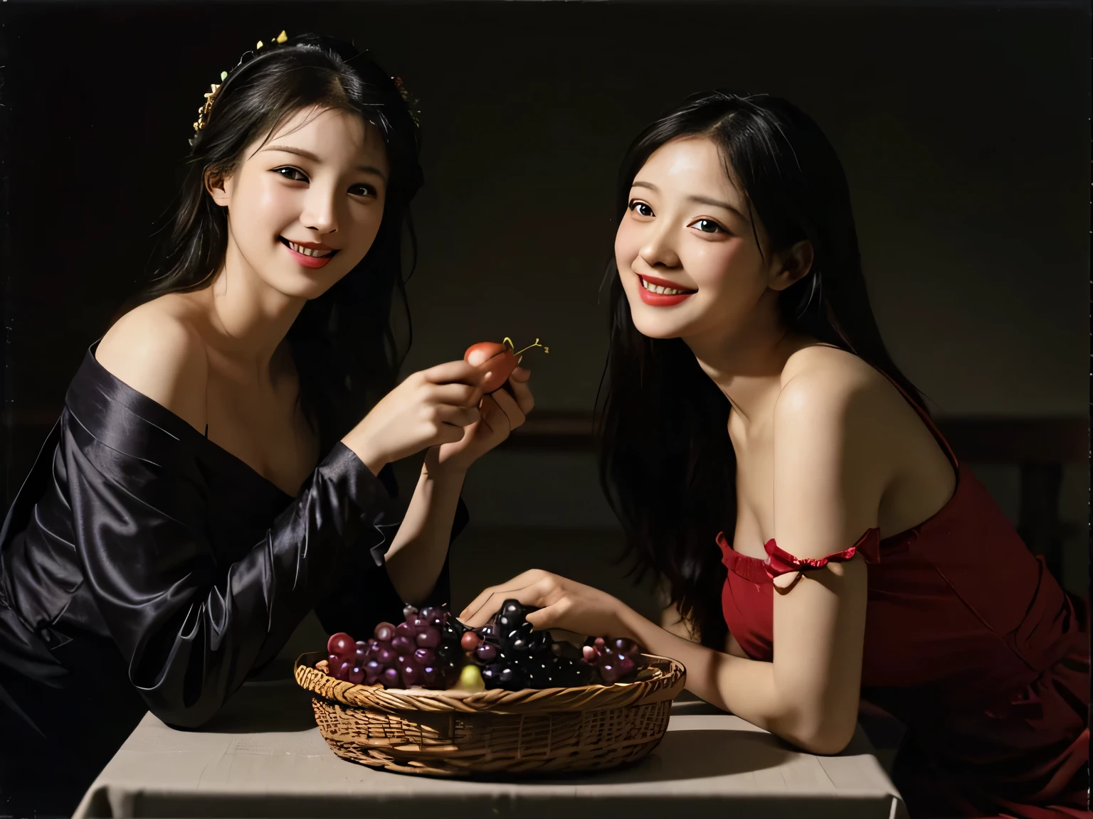 full body portrait ,fruits,Grapes,Rosa,antique,A smile,,Sweet and seductive appearance.、Caravaggio's paintings、Chiaroscuro of Caravaggio,Two women frolicking,Cute smile, Expression of ecstasy