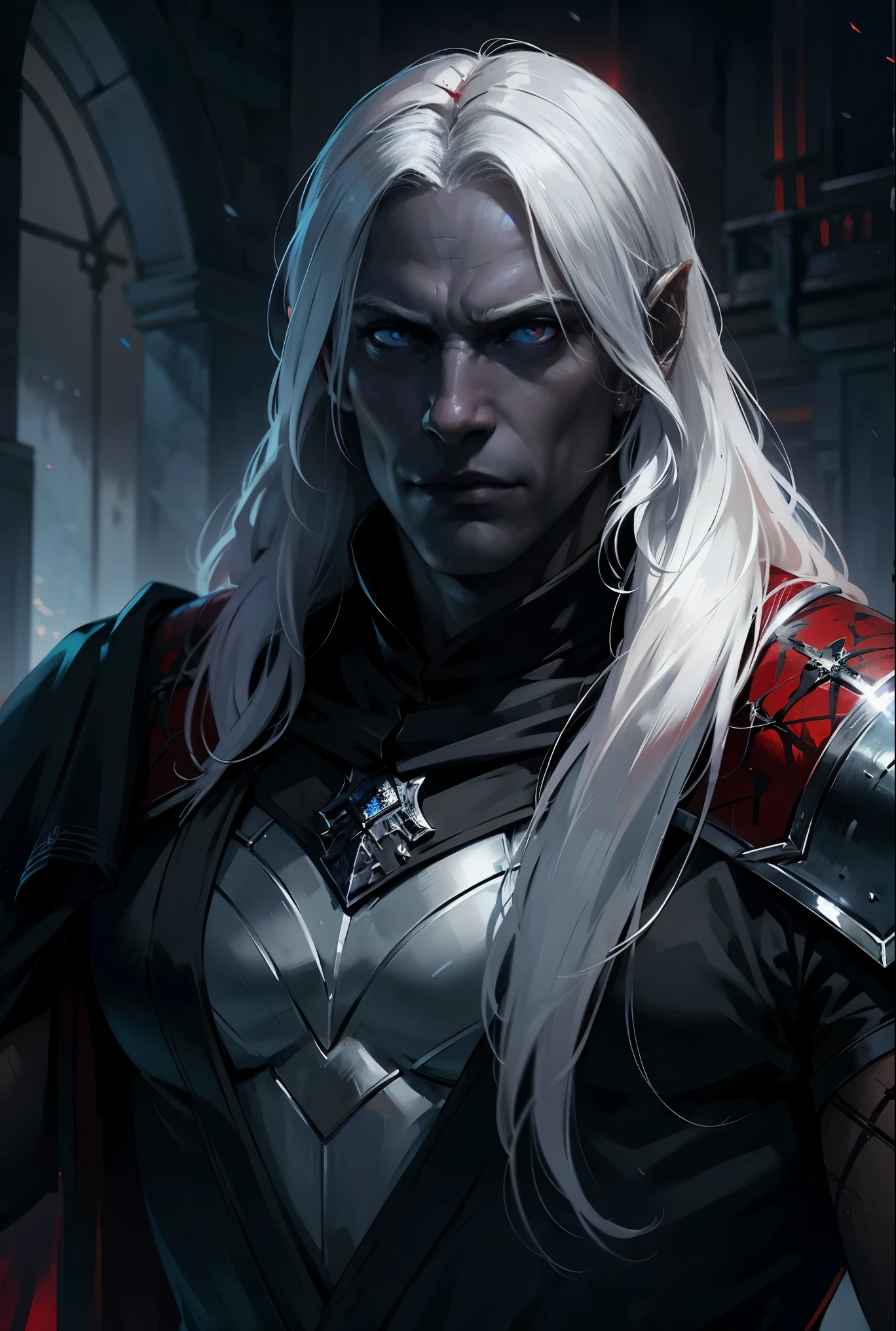 Anomander Rake, male Drow, black skin, long white hair, scarlet eyes, in dark armor, strong build, gloomy