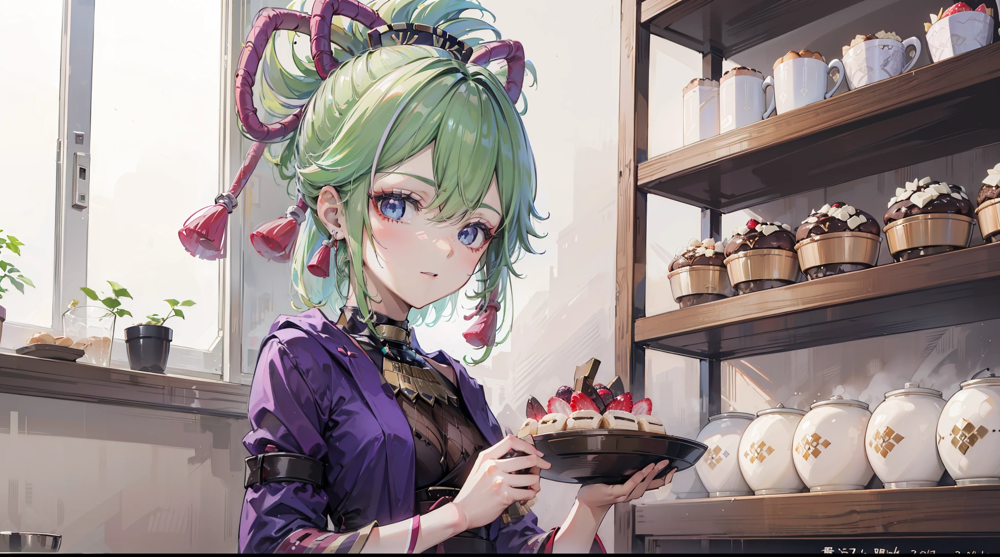 Kuki Shinobu|Genshin Impact, (best quality,8ก,Masterpiece), Girl with black hair and blue eyes, Wear a bakery uniform, Work in a traditional Japanese bakery to prepare traditional desserts., sparkling eyes, happiness.