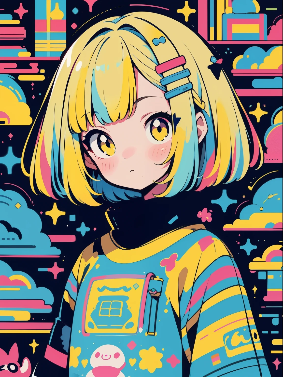 hightquality、Colorful color palette、high-level image quality、Kawaii Girl、Unprecedented amount of drawing、anime styled、Geometric pattern background、front facing、sticker style、short hair、yellow hair、brown eyes