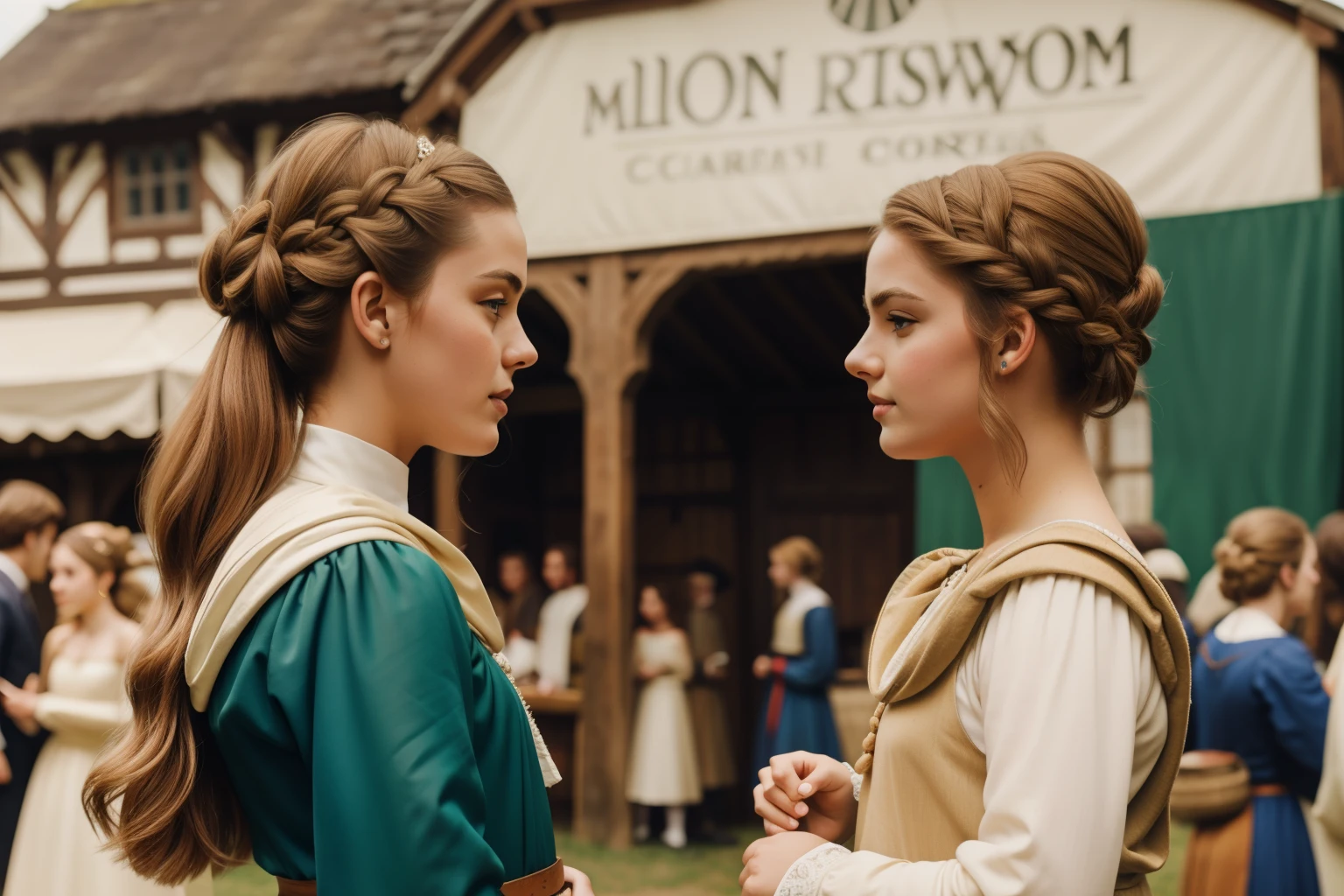 England, 1337. A young ((((20-year-old)) Caris Wooler)), attractive, expressive eyes, in the village fair, chatting with a friend. ((((clothings from the 1300s, gown)))), ((light chestnut hairstyle of the 1300s))