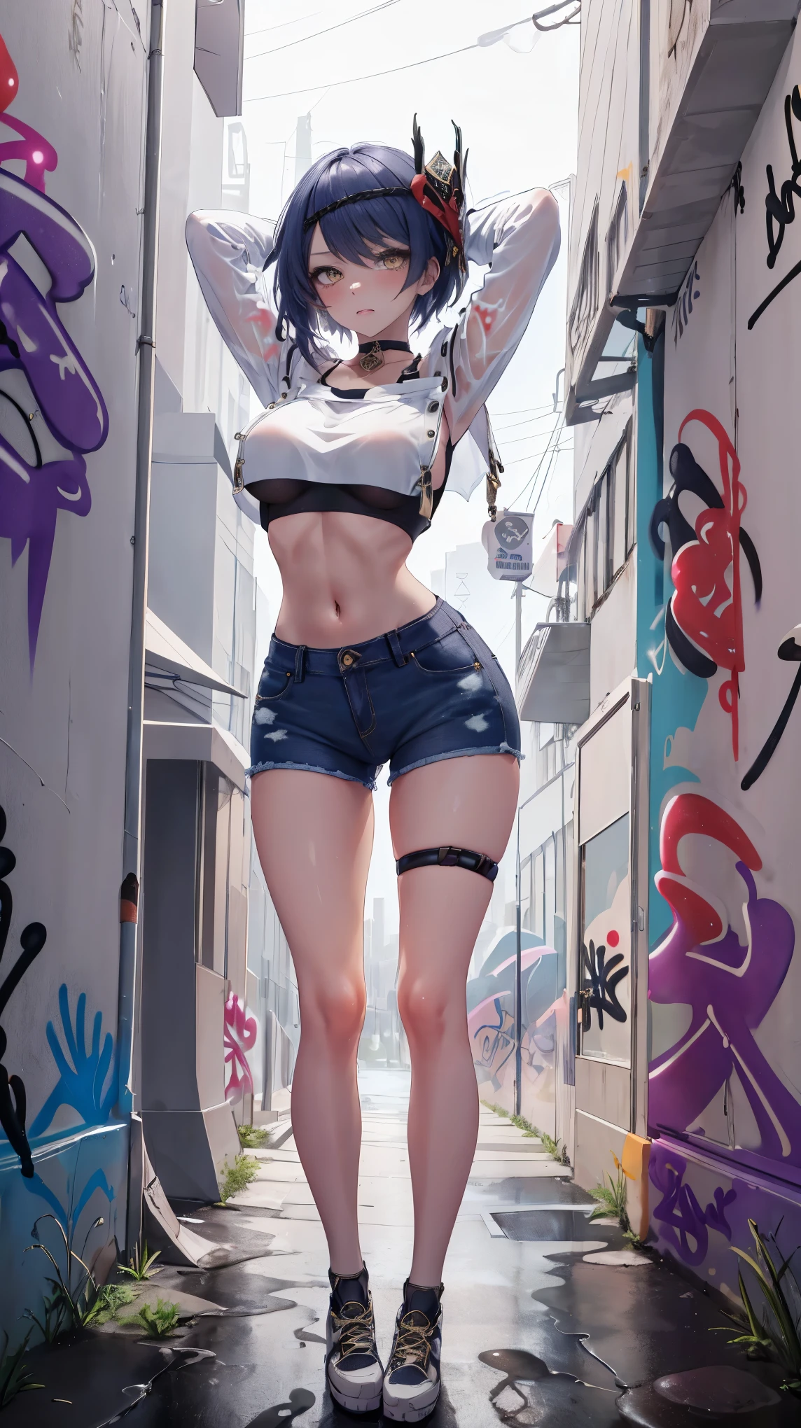 Kujou Sara Genshin Effects, Masterpiece, best quality, 1 girl, Medium bust, only, crop top, Jeans shorts, choker, (graffiti:1.5), Splashed with purple lightning pattern., arms behind, against the wall, Looking at the audience from the front., thigh strap, tilt your head, bored, Ponytail, water source,