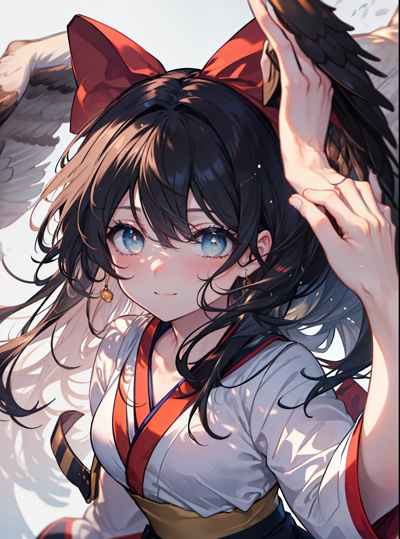 8K,highest quality,masterpiece,1 girl, alone, nakorurums, red bow, bow, long hair, hair bow, alone, hair band, black hair, sash, bangs, red hair band, chest, brown ruby eyes, smile,blush,Japanese high school girl uniform(black sailor suit),小さなchest,pink cardigan,pleated skirt,(Smooth pointing flies towards the eagle:1.3),bird view ,School Back of school building,peek from below,(masterpiece:1.2), highest quality, High resolution, unity 8k wallpaper, (shape:0.8), (beautiful and detailed eyes:1.6), highly detailed face, perfect lighting, Very detailed CG, (perfect hands, perfect anatomy),