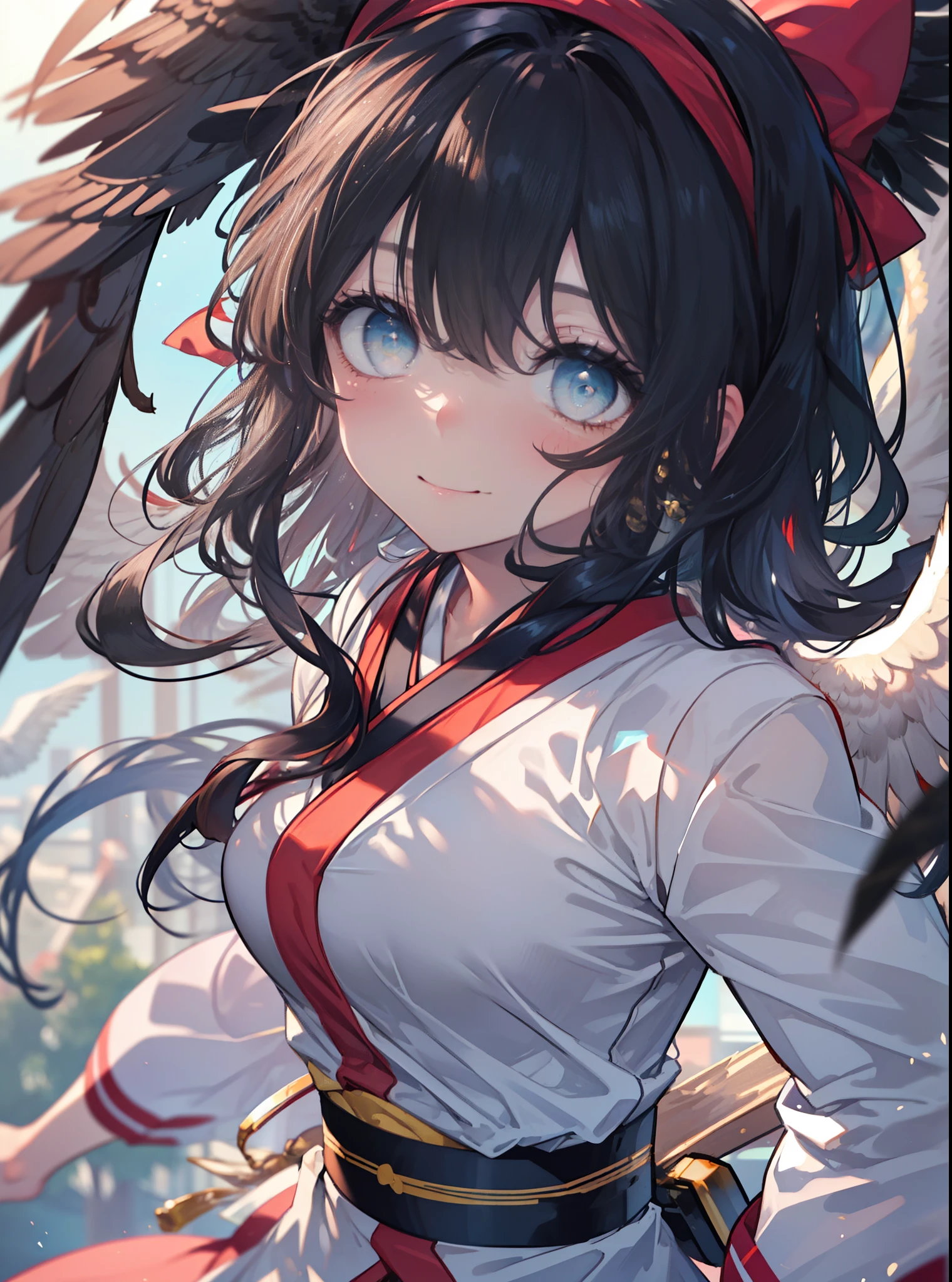 8K,highest quality,masterpiece,1 girl, alone, nakorurums, red bow, bow, long hair, hair bow, alone, hair band, black hair,  sash, bangs, red hair band, chest, brown ruby eyes, smile,blush,Japanese high school girl uniform(black sailor suit),小さなchest,pink cardigan,pleated skirt,(Smooth pointing flies towards the eagle：1.3），bird view ,School　Back of school building,peek from below,(masterpiece:1.2), highest quality, High resolution, unity 8k wallpaper, (shape:0.8), (beautiful and detailed eyes:1.6), highly detailed face, perfect lighting, Very detailed CG, (perfect hands, perfect anatomy),