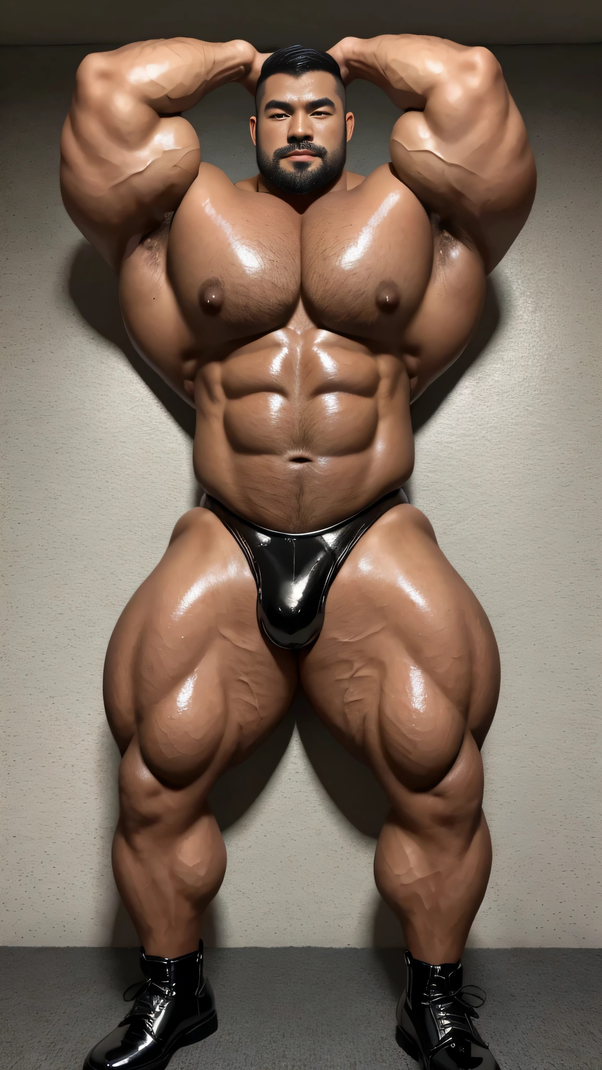There is only one person in the picture,a chinese bodybuilder,30 years old,High, Strong and handsome,lying on gray sheets,Paired with glossy black leather bow tie,short hair, O-shaped beard,Perfect body, Dark and shiny complexion,Muscle bulge, muscular, Very big pecs,Very sexy abs,Leg muscles are very developed,High and burly,Huge bumpy area,Brighten oily skin,Black leather shiny leather gloves, Wearing a gold leather shiny thong, Wear black leather shoes to shine,handsome face,detailed facial features, Correct and accurate male anatomy, full-body shot, Large pecs, Wet oil wax gloss for oily muscles and skin,Professional photography。