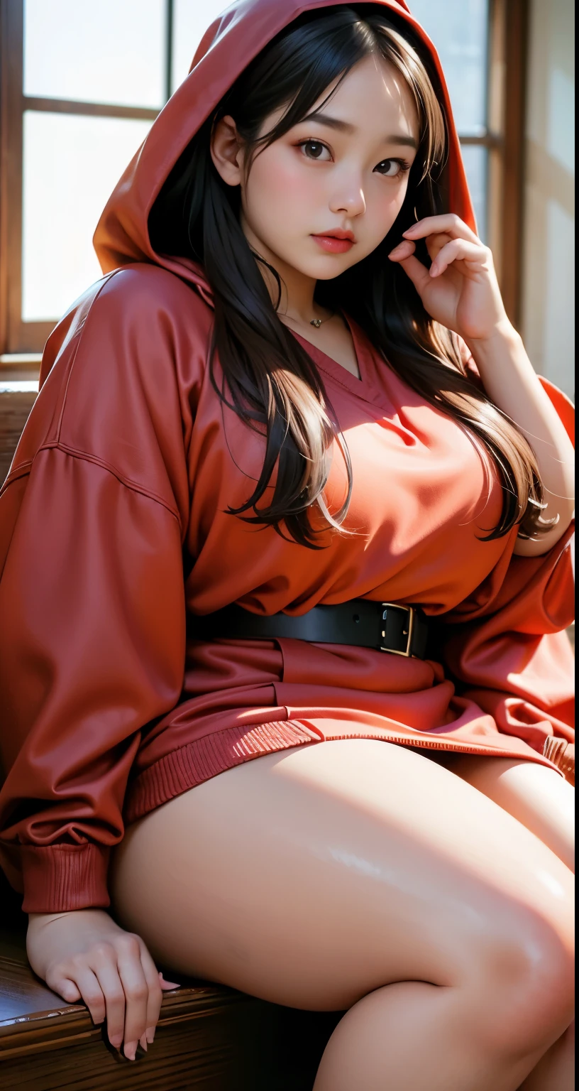 there is a woman sitting down with a longest brown hair, bbwchan, thicc, brown hijab outfit, brown hairstyle model, korean girl, korean woman, wearing brown robe, full length shot, alluring plus sized model, japanese goddess, clothed in hooded, voluptuous and arousing, portrait shot, curvy model, voluptuous body, wonderful, nene tanaka body , bbwchan, The overall atmosphere is smooth , haunting illustrations, extremely high-resolution details, photographic, realism pushed to extreme, fine texture, 4k, ultra-detailed, high quality, high contrast, red sneakers , cold atmosphere ,,