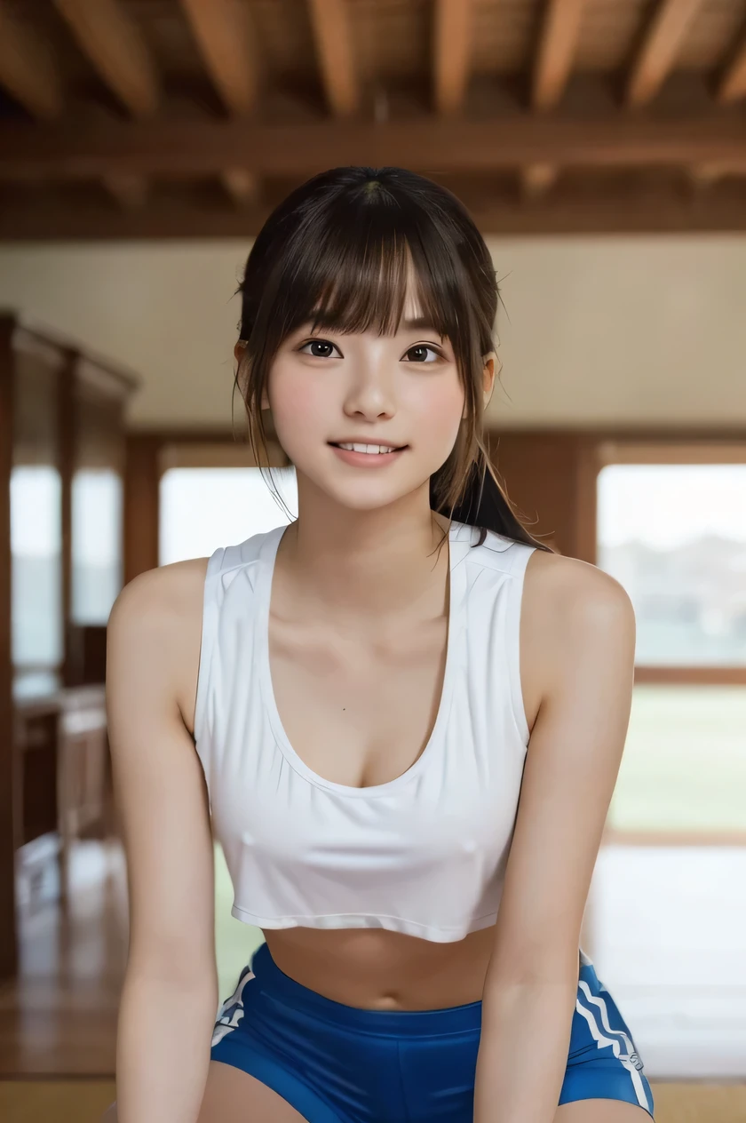 one girl, (a beauty girl, delicate girl:1.3), (, gal:1.3), (green sports wear:1.2), very fine eye definition, (symmetrical black eyes:1.3), stare at the camera, A big smile, show teeth, (track field view:1.2), small breasts, brown short hair, girl, (eyes and faces with detailed:1.5), (masterpiece, best quality, ultra detailed, detailed face, 8k), cowboy shot from the under, Spread legs on the bottom