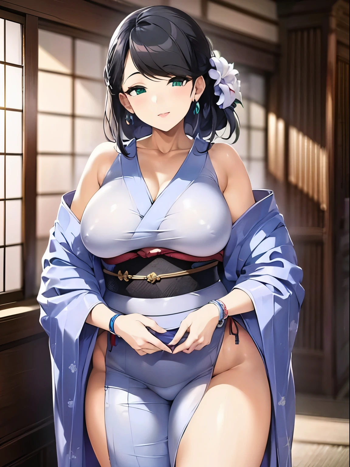 kimono、Beauty、mother、draw the whole body、thick thighs、smile、Middle-aged woman、black hair、