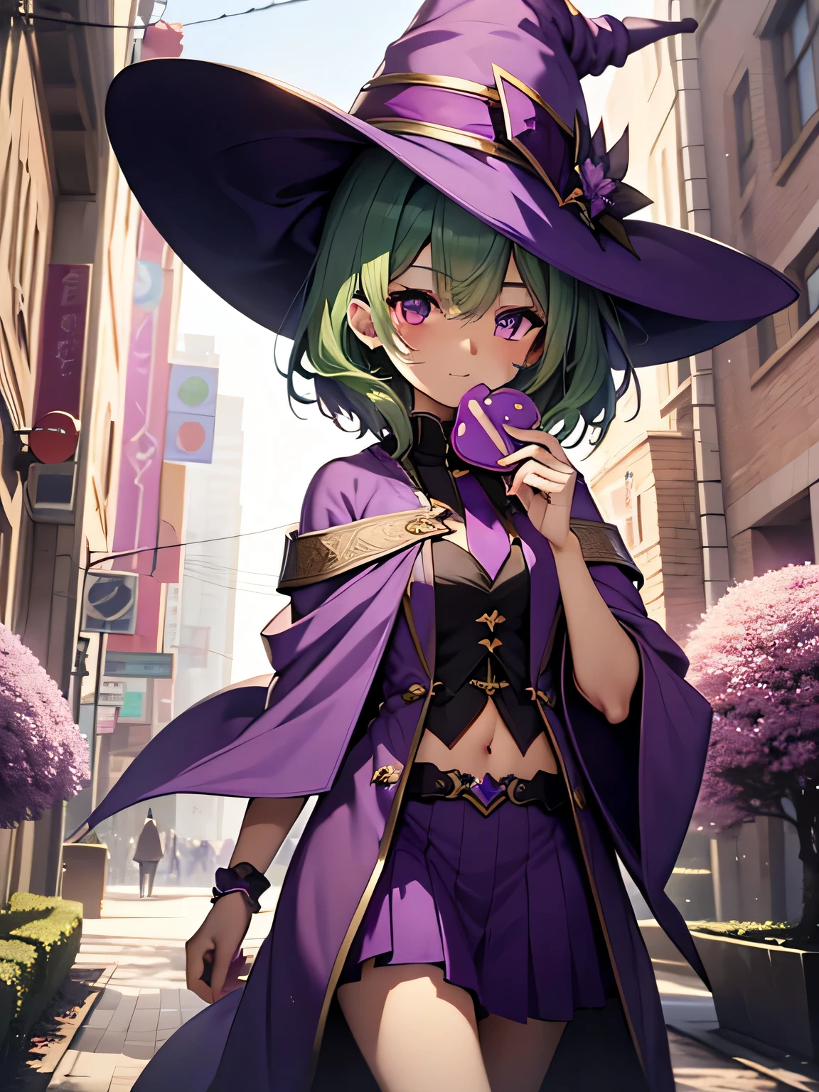 highest quality、very delicate and beautiful、()、purple eye、green hair、short hair、(purple witch hat)、purple tie、I、short sleeve、purple skirt、purple wizard&#39;robe of、navel cat、((Valentine))