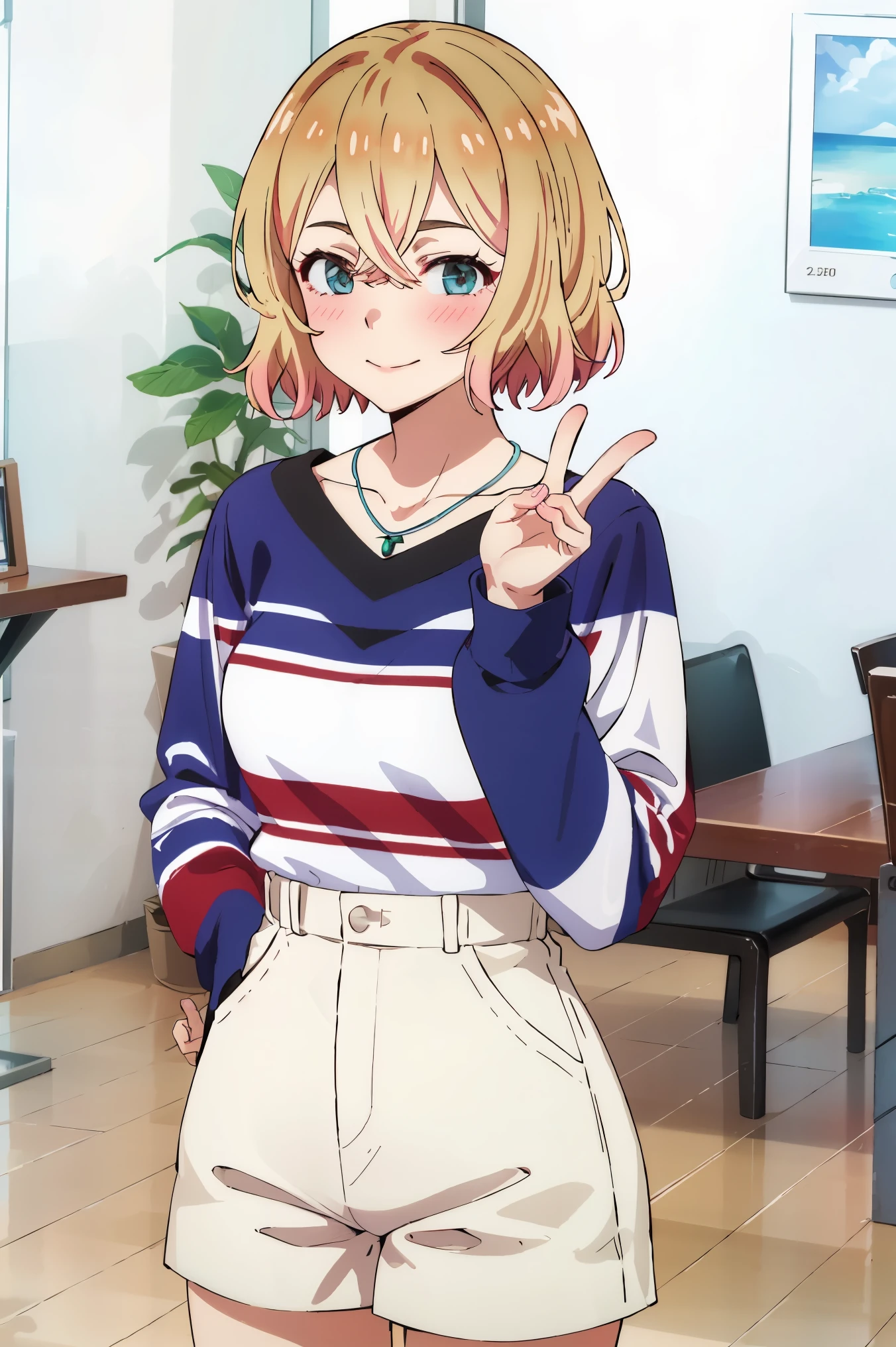 tall body, tall, long legs, mature female, mature, adult, simple background, indoors
Eft_RAG_mami, 1girl, solo, blonde hair, shorts, smile, jewelry, looking at viewer, short hair, shirt, necklace, blue eyes, white shorts, long sleeves, cowboy shot, blush, hair between eyes, striped, multicolored hair, striped shirt, bangs, collarbone, closed mouth, standing, blurry background, sweater, crossed bangs, aqua eyes