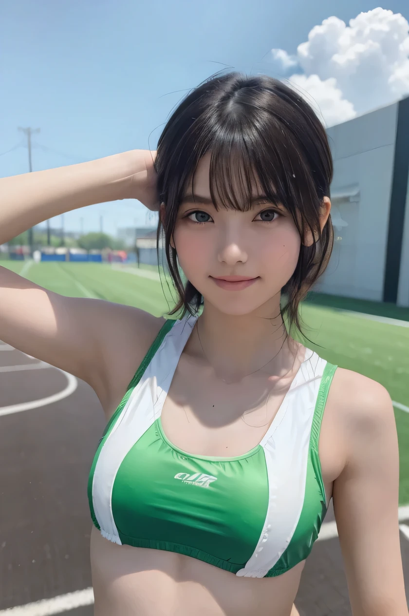 one girl, (a beauty girl, delicate girl:1.3), (, gal:1.3), (green sports wear:1.2), very fine eye definition, (symmetrical black eyes:1.3), stare at the camera, A big smile, show teeth, (trackfield view:1.2), small breasts, brown short hair, girl, (eyes and faces with detailed:1.5), (masterpiece, best quality, ultra detailed, detailed face, 8k), cowboy shot from the under, Swayback stance