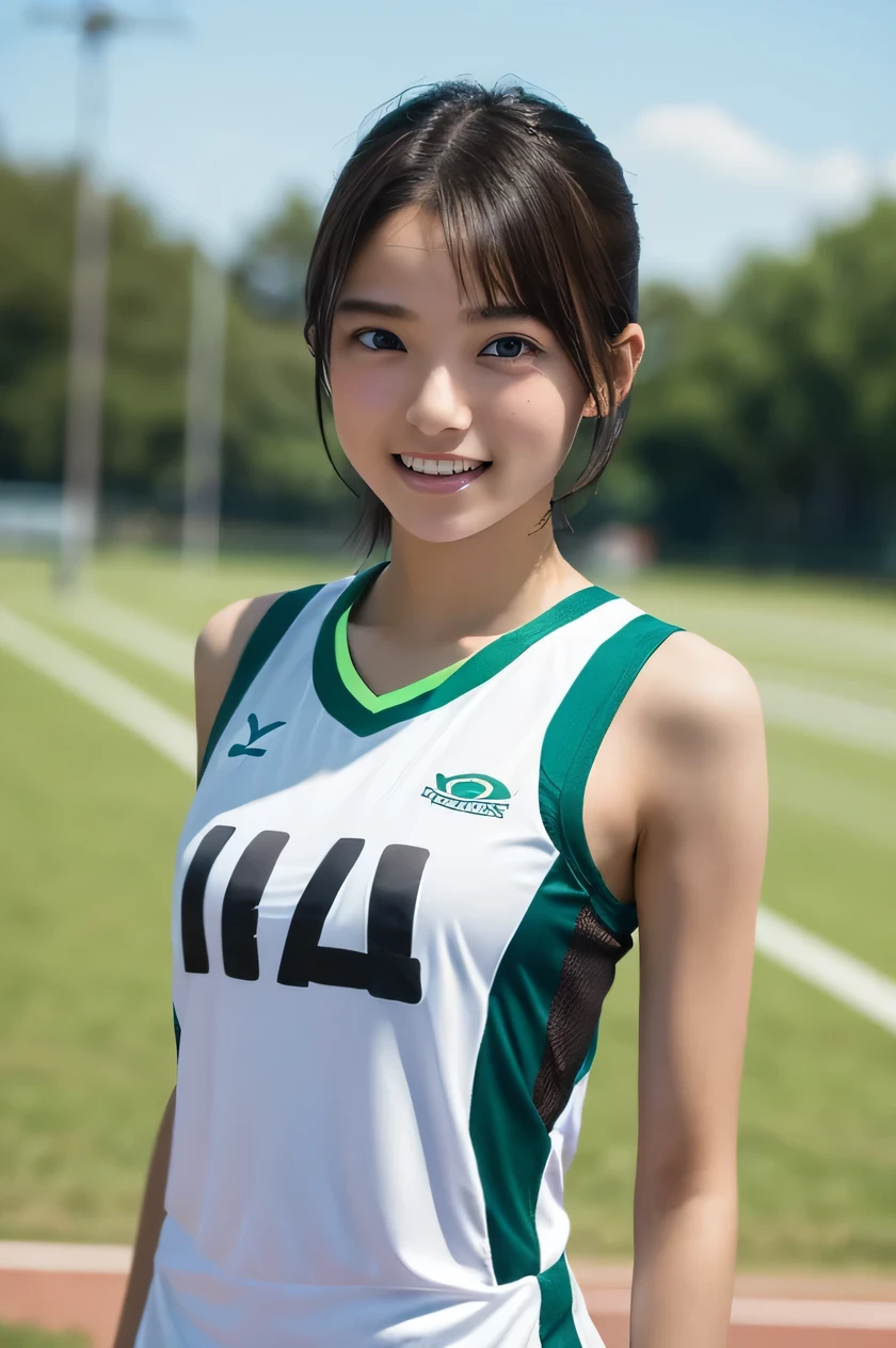 one girl, (a beauty girl, delicate girl:1.3), (************, gal:1.3), (green sports wear:1.2), very fine eye definition, (symmetrical black eyes:1.3), stare at the camera, A big smile, show teeth, (trackfield view:1.2), small breasts, brown short hair, girl, (eyes and faces with detailed:1.5), (masterpiece, best quality, ultra detailed, detailed face, 8k), cowboy shot from the under, Swayback stance