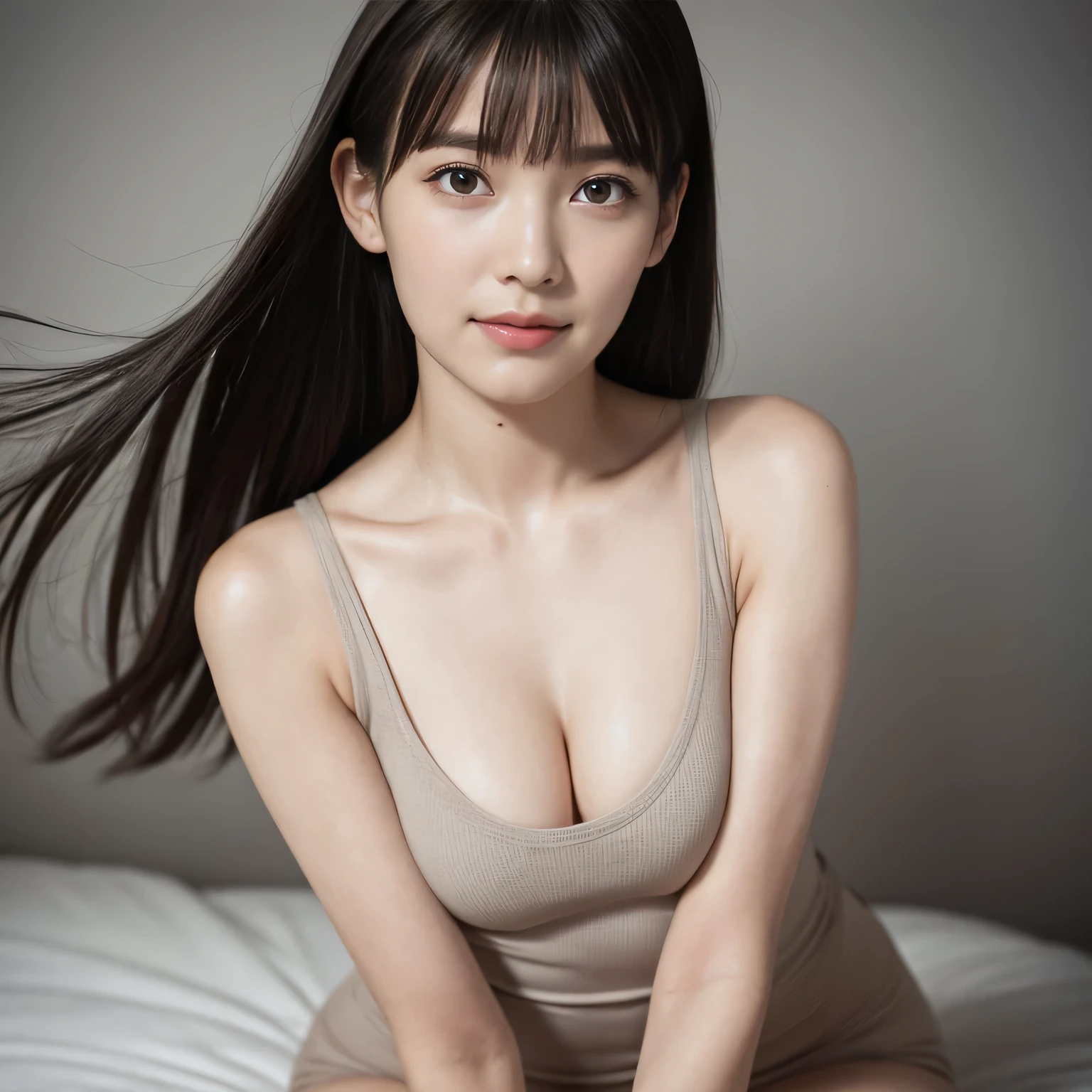 night, RAW photo, (((Very beautiful portrait))), (Very beautiful portrait))), 1 girl, sexy 25 year old girl, naked, ((long black hair with bangs, smooth straight hair) )), [brown eyes], Look at the camera with a gentle smile (cleavage), slender body, small breasts, thin legs, thin thighs, ((muste piece, 最high quality, Super detailed, cinematic light, intricate details, High resolution, 8K, very detailed)), detailed background, 8K UHD, Digital single-lens reflex camera, soft lighting, high quality, film grain, Fujifilm XT3, shallow depth of field, Natural light, perfect face, thin legs, all of ,