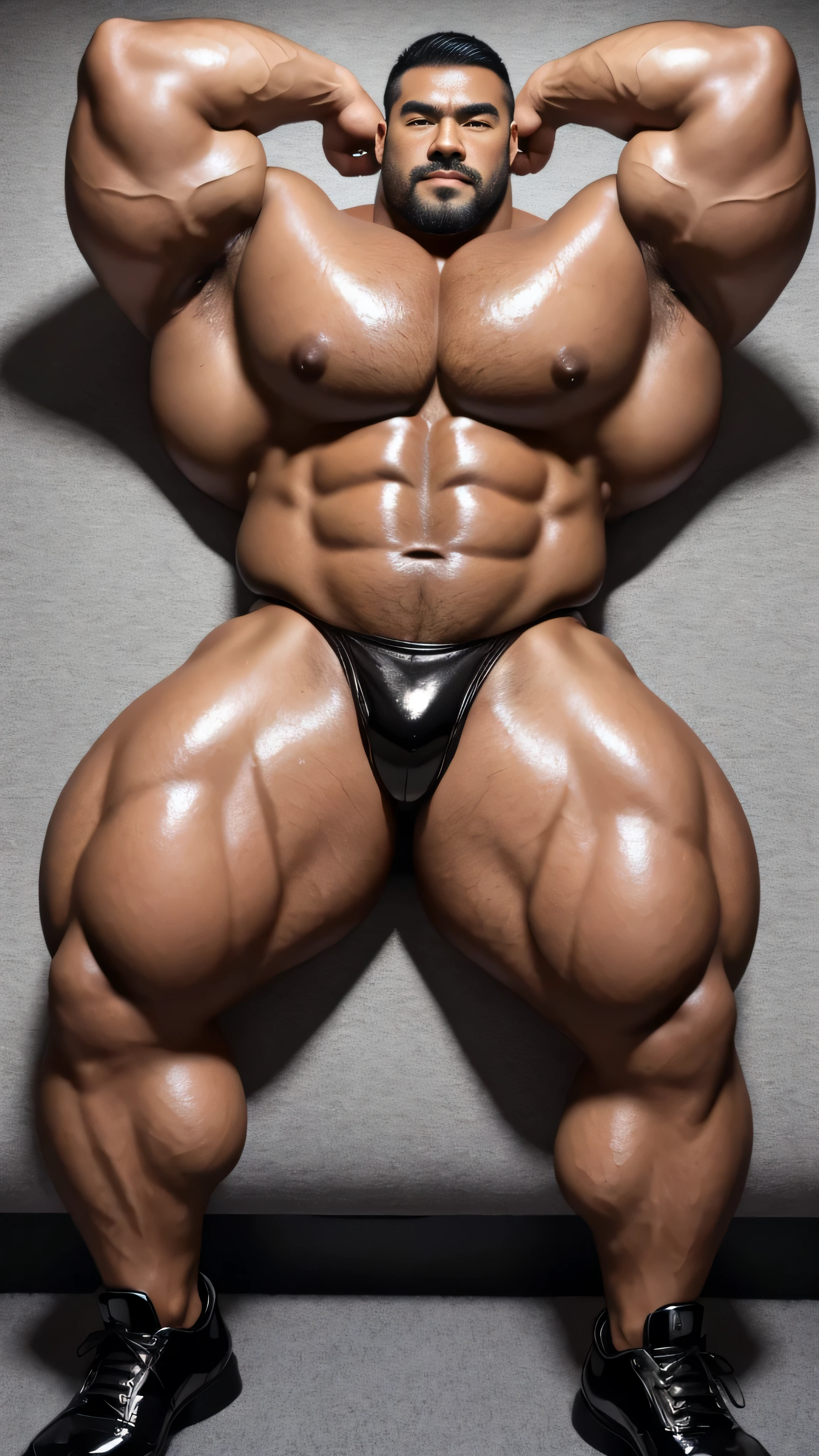 There is only one person in the picture,a chinese bodybuilder,30 years old,High, Strong and handsome,lying on gray sheets,Paired with glossy black leather bow tie,short hair, O-shaped beard,Perfect body, Dark and shiny complexion,Muscle bulge, muscular, Very big pecs,Very sexy abs,Leg muscles are very developed,High and burly,Huge bumpy area,Brighten oily skin,Black leather shiny leather gloves, Wearing a gold leather shiny thong, Wear black leather shoes to shine,handsome face,detailed facial features, Correct and accurate male anatomy, full-body shot, Large pecs, Wet oil wax gloss for oily muscles and skin,Professional photography。