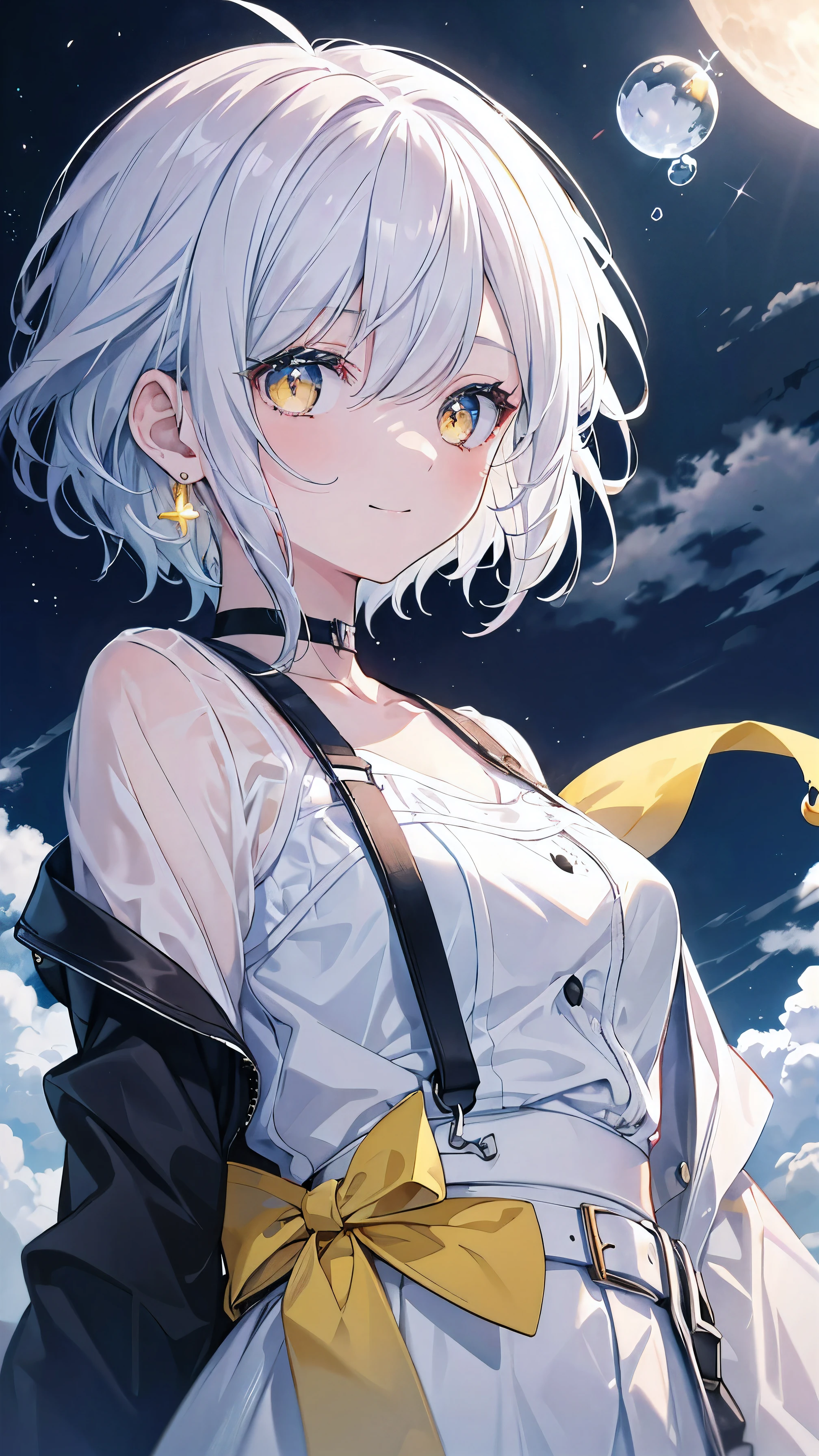 highest quality)), ((masterpiece)), (become familiar with), perfect face,silver hair,Yellow and light blue inner colors,yellow eyes,Upper body,bob hair,nice,cute,girl,white and yellow clothes,night,Sparkling,highlight,earrings,sharp pupils,illumination,good,belt,black jacket,choker,black nails,nice,short hair,accessories,elation,Low - Angle,shorts,smile,Wind、moonlight,night空,comets,Navel exposure、translucency,cloud,night空,No mouth、tie hair back,be calm、air bubble、shine、floating in the air、dazzling light