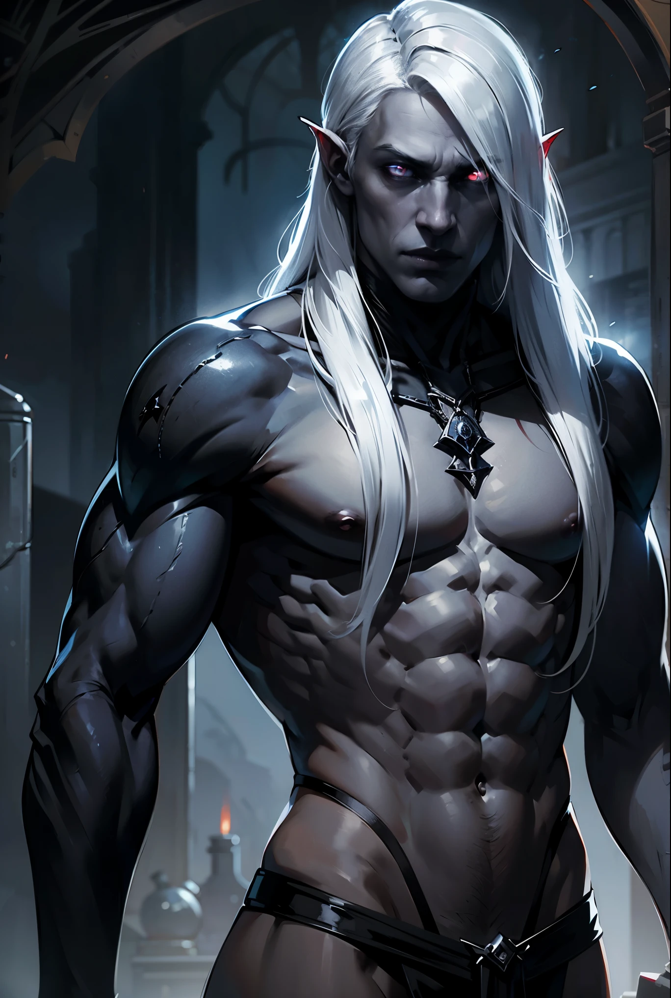 Anomander Rake, male Drow, black skin, long white hair, scarlet eyes, solid build, bare torso, gloomy, waist-high