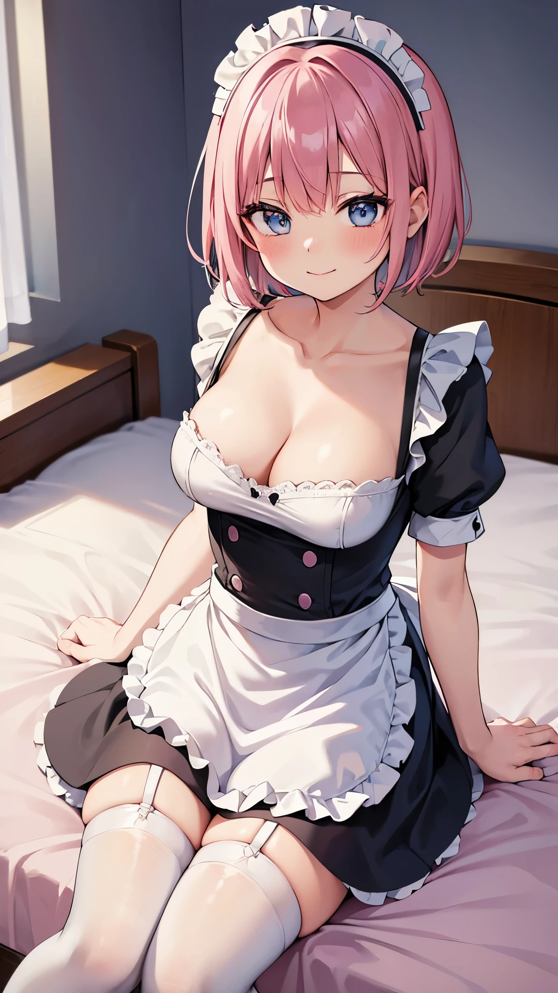 an anime art of a woman in maid uniform posing on top a bed, 1girl, breasts, solo, looking at viewer, apron, cleavage, skindentation, short hair, dress, thighhighs, pink hair, blue eyes, bangs, waist apron, blush, smile, bare shoulders, garter straps, collarbone, indoors, closed mouth, maid, short dress