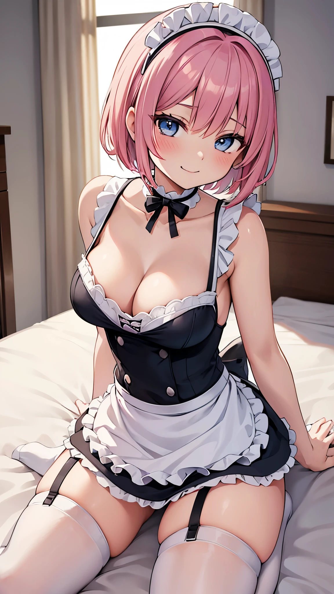 an anime art of a woman in maid uniform posing on top a bed, 1girl, breasts, solo, looking at viewer, apron, cleavage, skindentation, short hair, dress, thighhighs, pink hair, blue eyes, bangs, waist apron, blush, smile, bare shoulders, garter straps, collarbone, indoors, closed mouth, maid, short dress