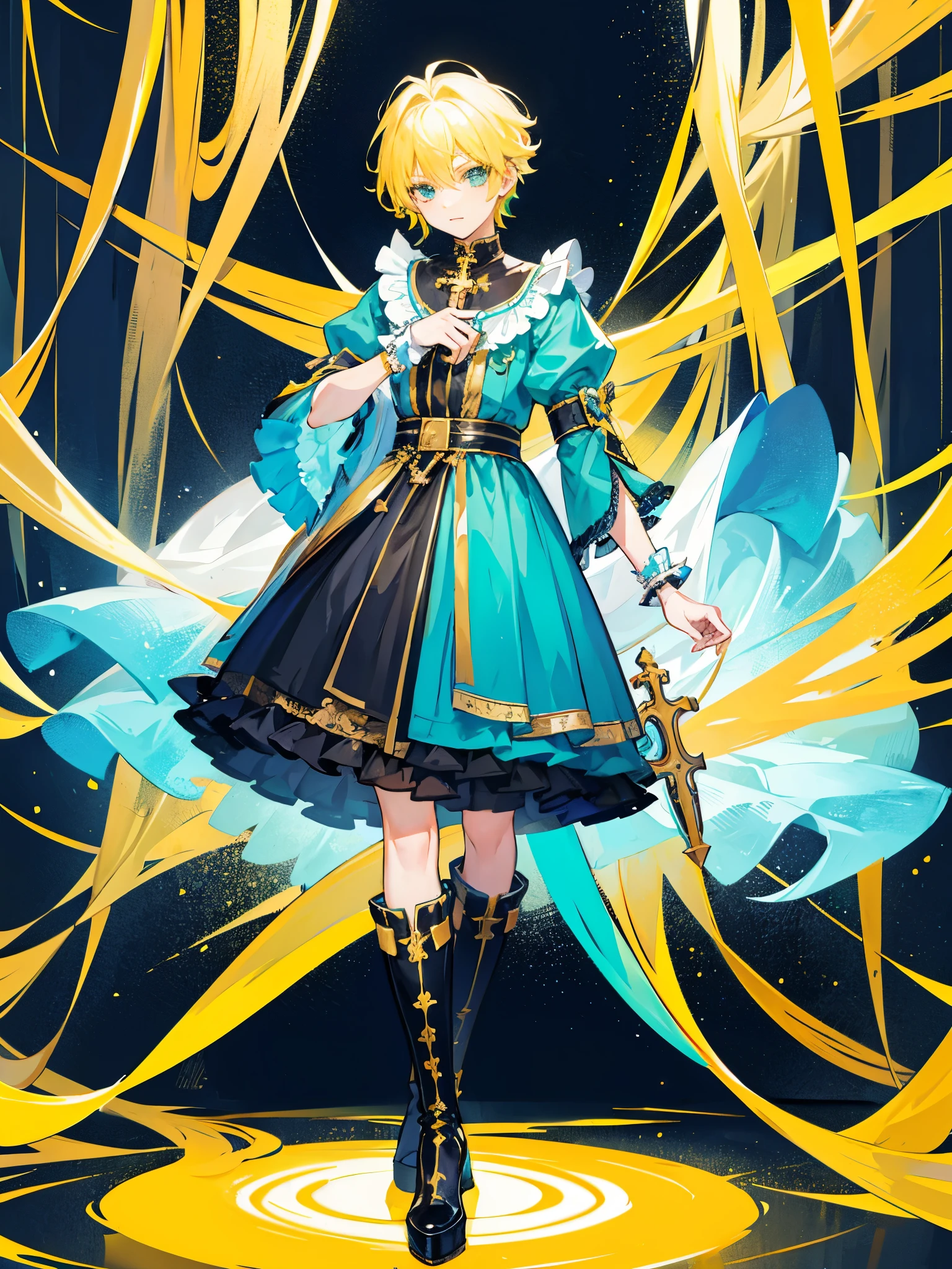 ((a boy)), yellow hair, turquoise eyes, ((Idol costume)), ((Cross-dressing)), long boots, ((Beautiful boy)), ((individual))