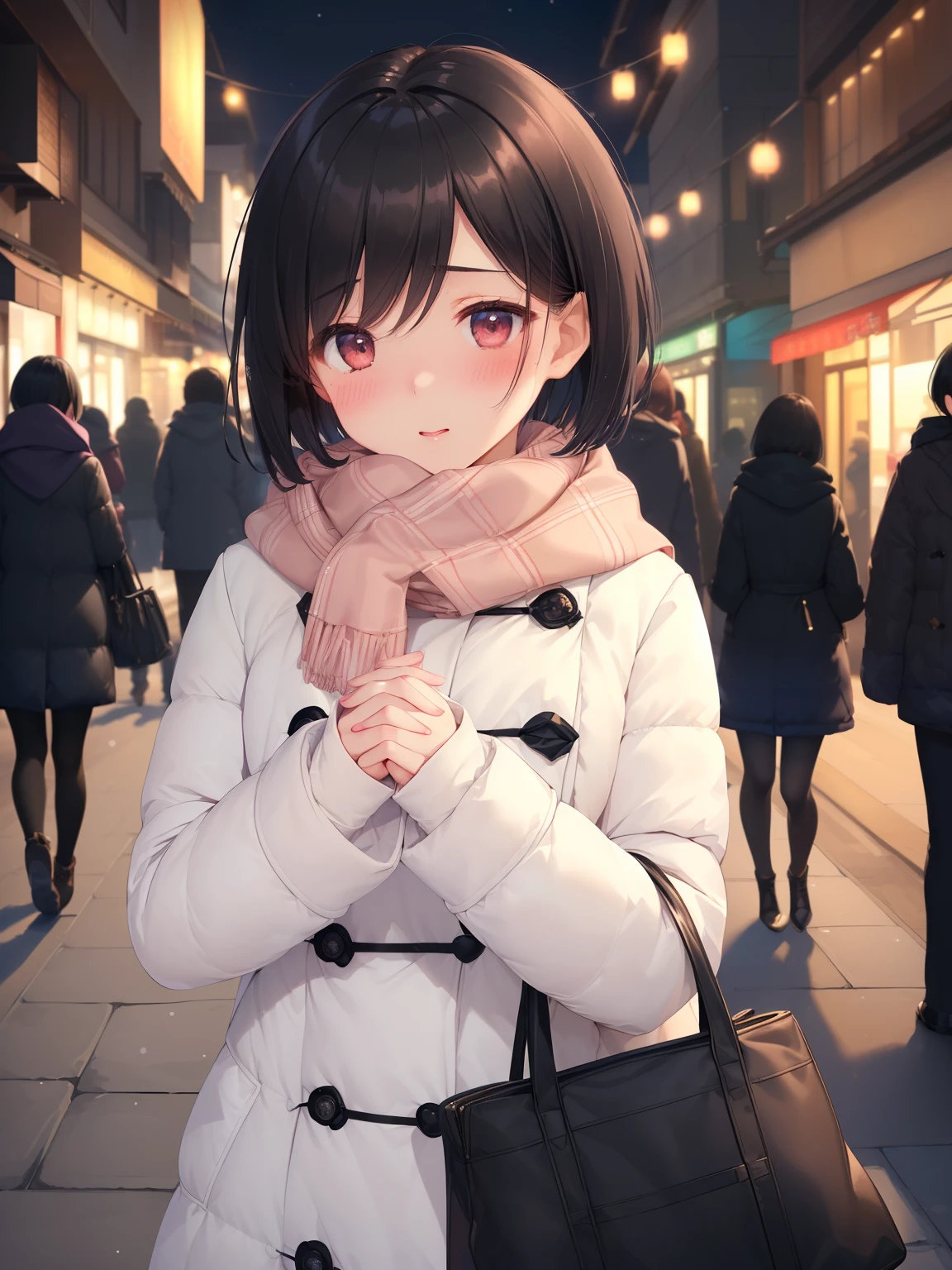 (best quality, master piece),Close-up、 short hair、Inner winding、black hair、blush、blush、small breasts、Scarf、white coat for winter、street、hold a present with both hands、night、bustling street、There are many people