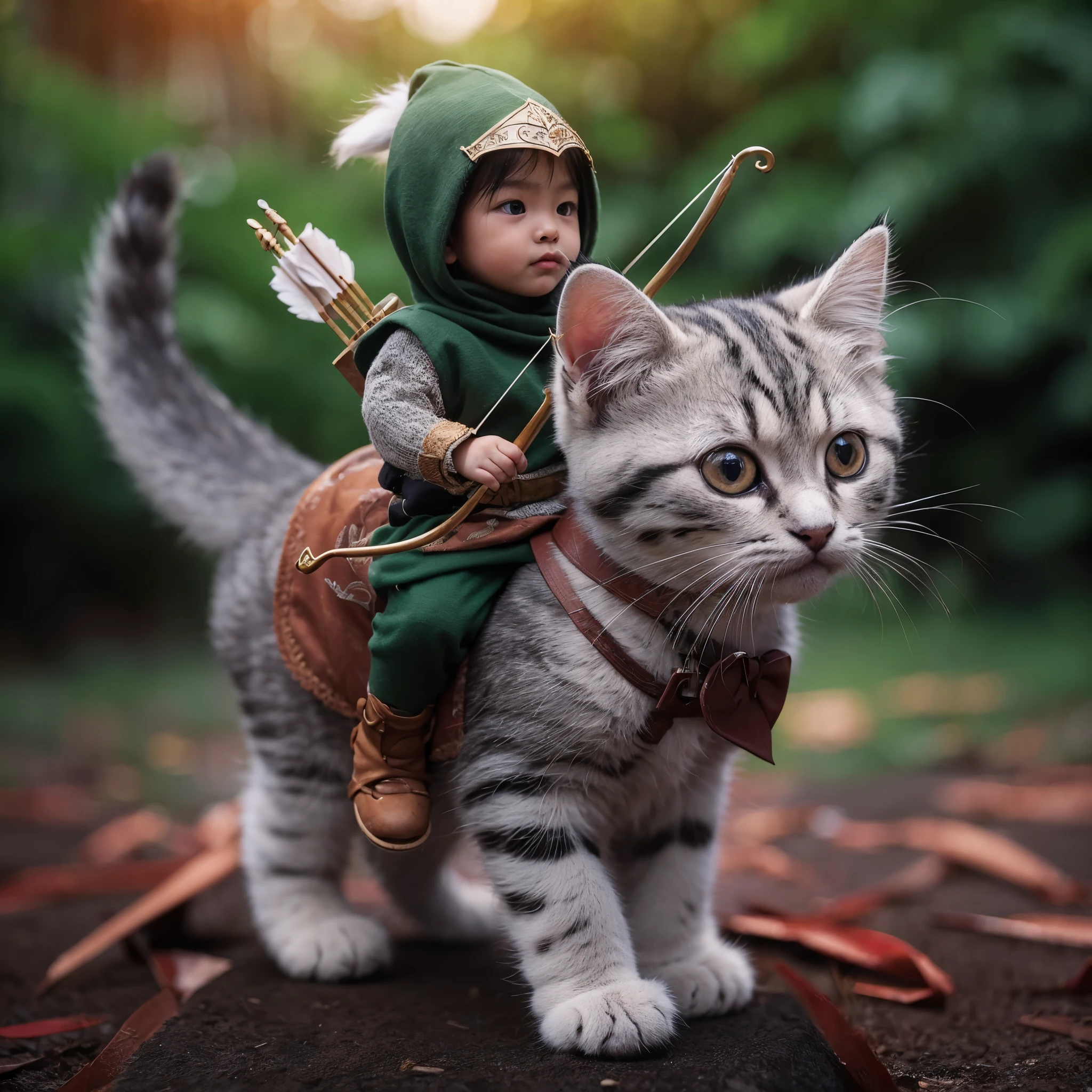 make a photo of a kitten being ridden by a 6 ******** Indonesian girl, small the size of the cat, dressed like a knight carrying a bow and arrow, looks very serious, looks very real, afternoon lighting, macro photo, realistic, background bushes