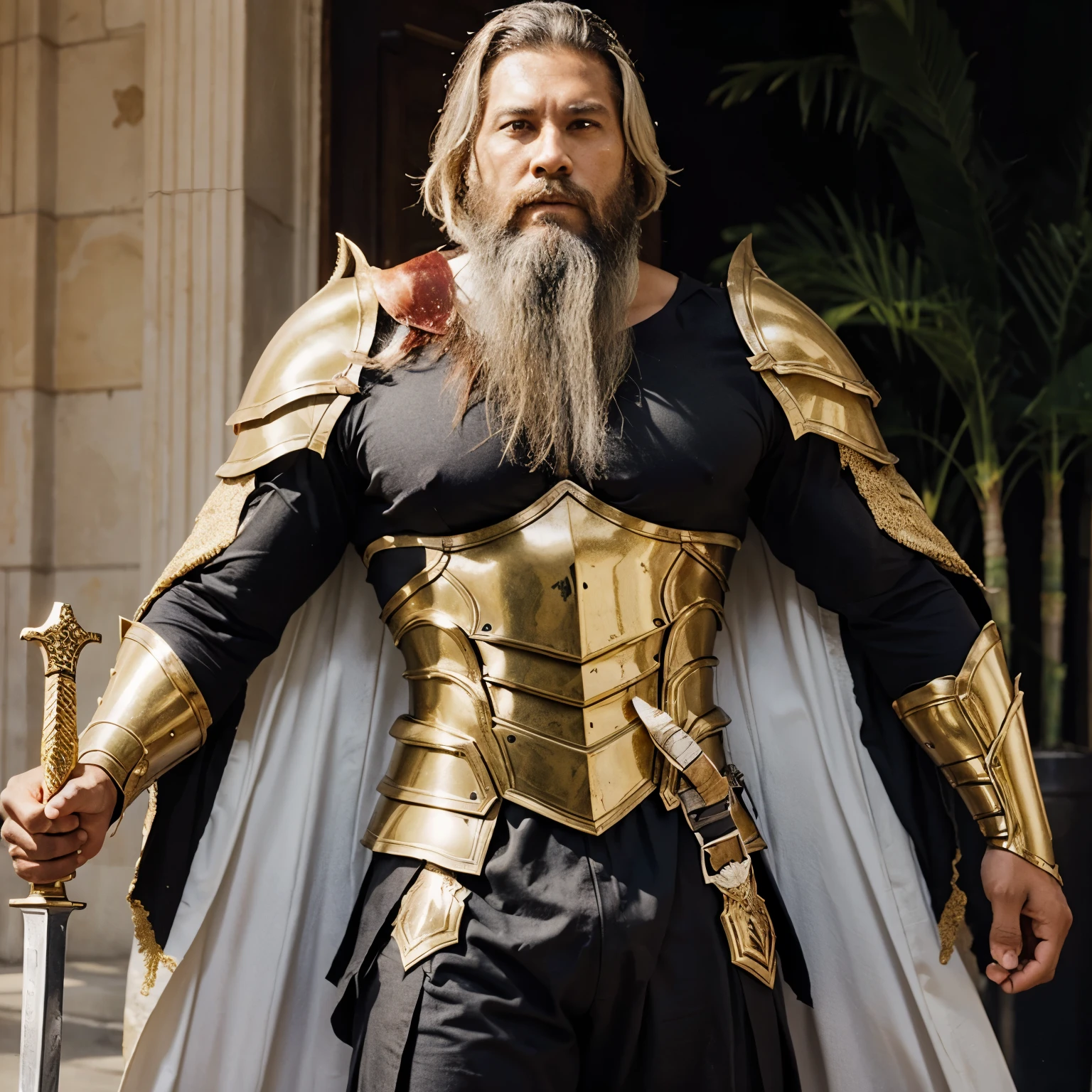 handsome man in his 40s, with long gray hair and beard, he is naked, in a sexy pose, he wears golden armor ancient Greek god style, gay man, sexy, fetish