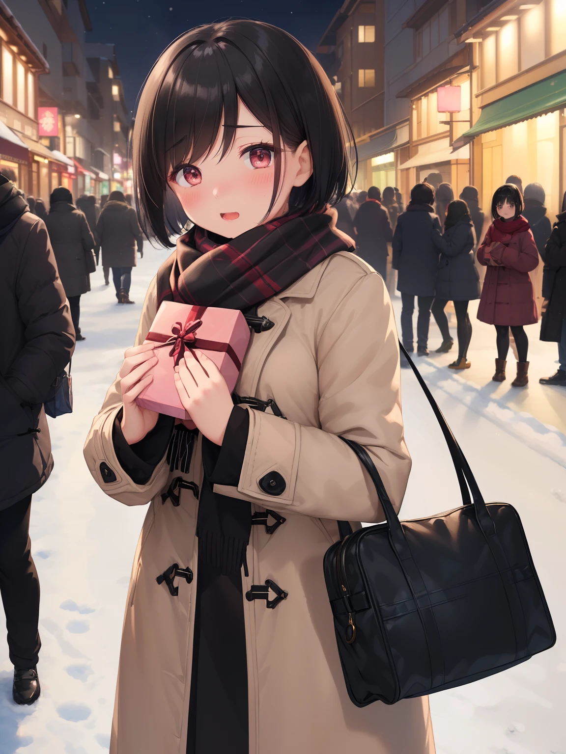 (best quality, master piece）,hold a present with both hands、　short hair、Inner winding、black hair、blush、blush、small breasts、Scarf、Winter coat、street、hold a present with both hands、night、bustling street、There are many people