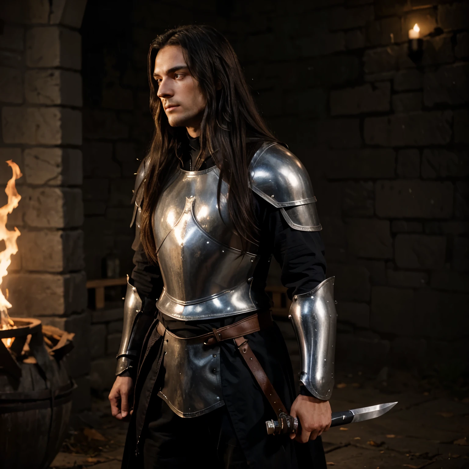 Knight in Dark Armor, with long dark hair, with a flaming sword,