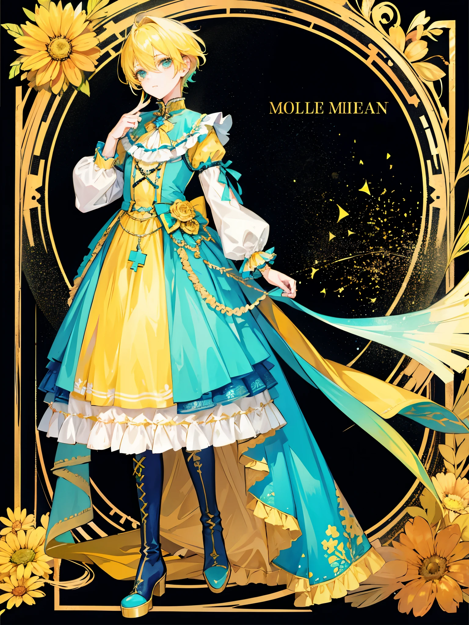 ((a boy)), yellow hair, turquoise eyes, ((Idol costume)), ((Cross-dressing)), long boots, ((Beautiful boy)), ((individual))