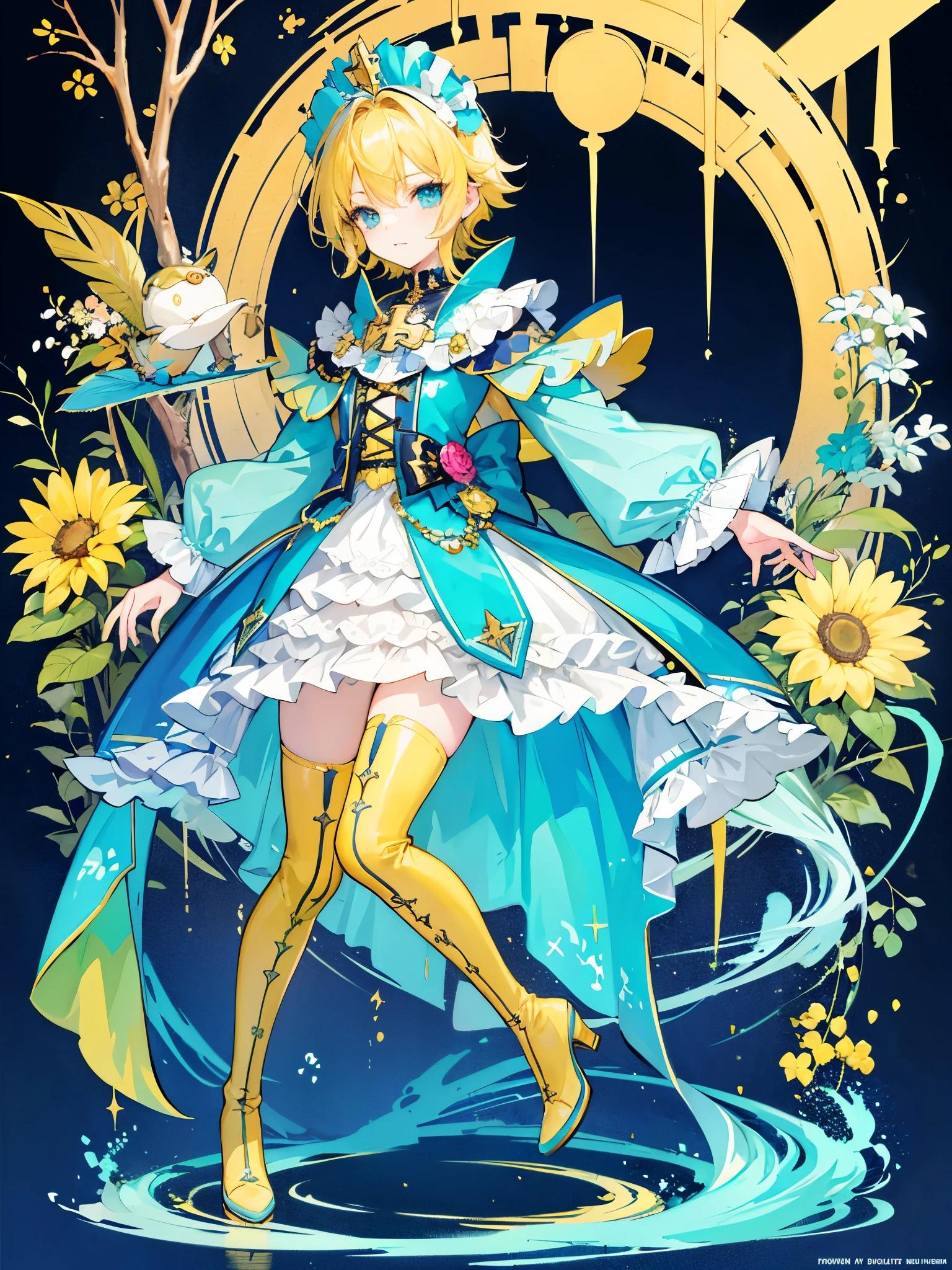 ((a boy)), yellow hair, turquoise eyes, ((Idol costume)), ((Cross-dressing)), long boots, ((Beautiful boy)), ((individual))