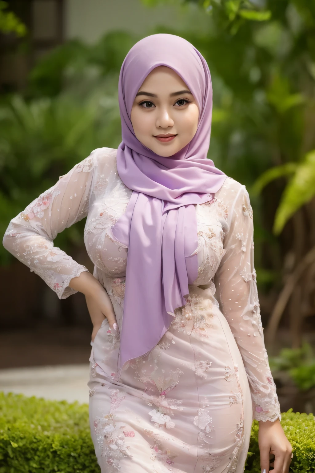 RAW, Best quality, high resolution, Masterpiece: 1.3), Beautiful Malay woman in hijab, Masterpiece, Perfect slim body, (Big breasts), Beautiful big eyes, Soft smile, Masterpiece:1.2, Best quality), Realistic, (Real picture, Intricate details, Depth of field，1 malay girl , modern plain hijab,  shy, medium portrait shot , watery  eyes ,droopy eyes, watery, lip glossy, sad face, ((big breast)), wear java wedding woman in kebaya purple dress berendra, kebaya batik, (big breast) , flower garden background, bokeh background, proportional body,