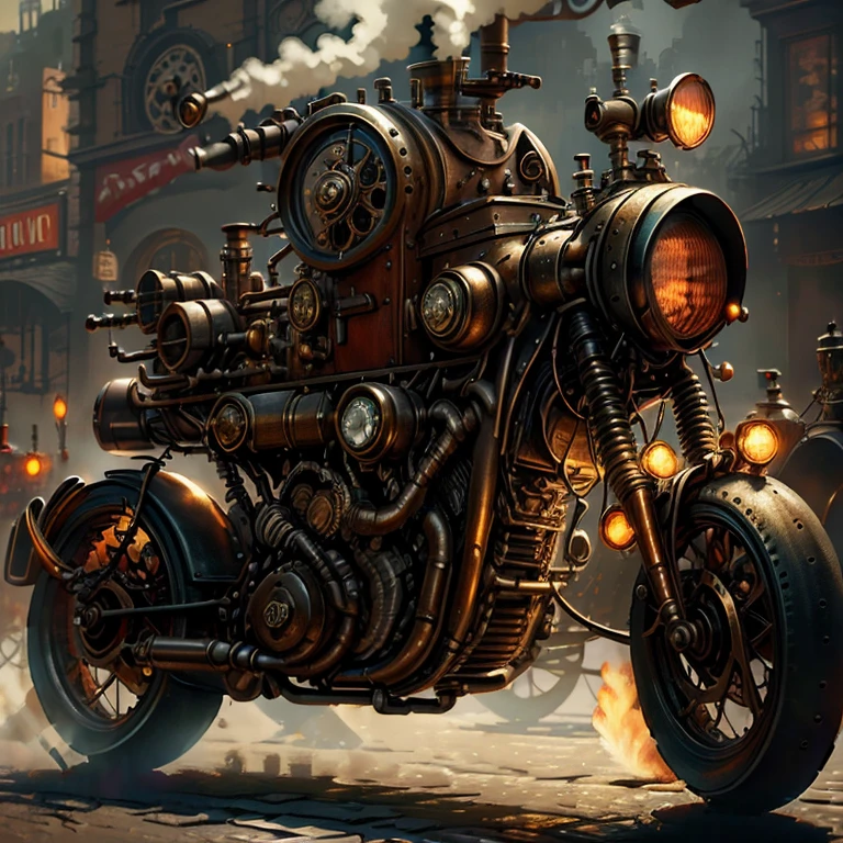 A custom steampunk moto, combining elements of Victorian design with retro-futuristic technology, set in a bustling city square of the steam era, detailed with cogs, gears, and stem pipes, vibrant colors, dynamic scene, high definition, high quality, 16k resolution