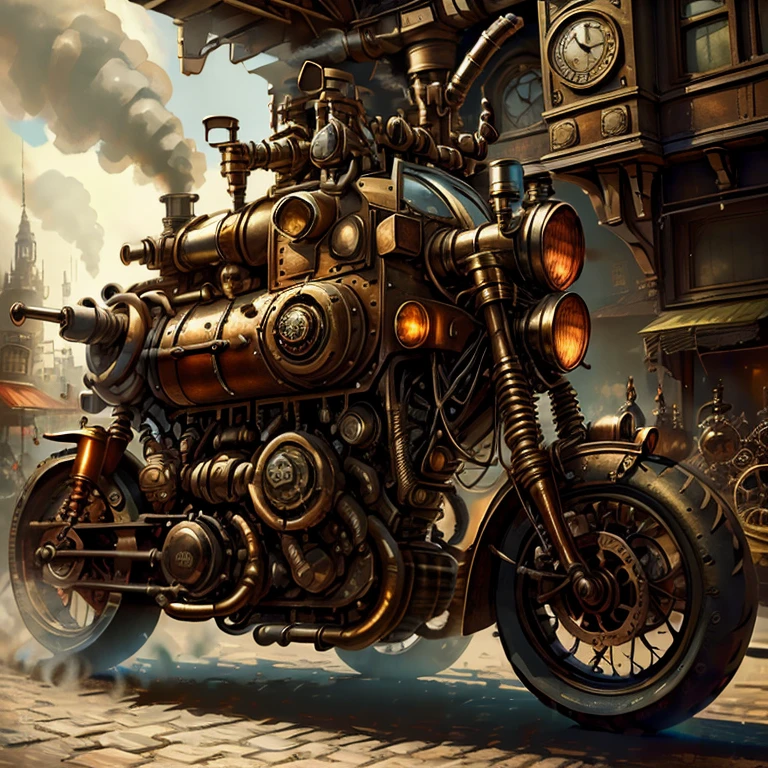 A custom steampunk moto, combining elements of Victorian design with retro-futuristic technology, set in a bustling city square of the steam era, detailed with cogs, gears, and stem pipes, vibrant colors, dynamic scene, high definition, high quality, 16k resolution