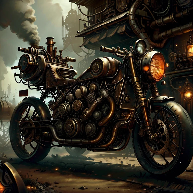 steampunk, A steampunk-inspired motorbike sits in the middle of a desolate industrial landscape. The metal frame of the bike is embellished with rivets, dials, and segmented limbs, evoking an aura of aged sophistication. Nearby, a dimly lit lantern casts a soft glow, intensifying the bike's shadow, while distant ethereal lights hint at a larger, mysterious world beyond. This spectral setting melds machine and mystique, evoking both wonder and unease.