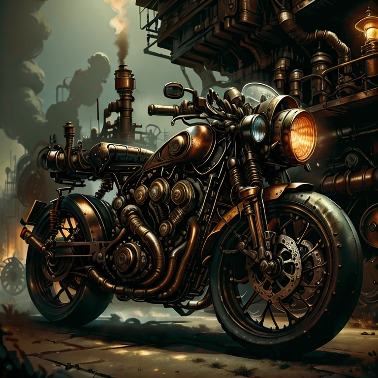 steampunk, A steampunk-inspired motorbike sits in the middle of a desolate industrial landscape. The metal frame of the bike is embellished with rivets, dials, and segmented limbs, evoking an aura of aged sophistication. Nearby, a dimly lit lantern casts a soft glow, intensifying the bike's shadow, while distant ethereal lights hint at a larger, mysterious world beyond. This spectral setting melds machine and mystique, evoking both wonder and unease.