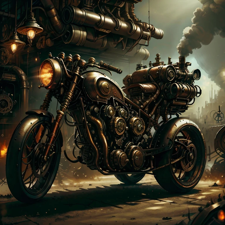 steampunk, A steampunk-inspired motorbike sits in the middle of a desolate industrial landscape. The metal frame of the bike is embellished with rivets, dials, and segmented limbs, evoking an aura of aged sophistication. Nearby, a dimly lit lantern casts a soft glow, intensifying the bike's shadow, while distant ethereal lights hint at a larger, mysterious world beyond. This spectral setting melds machine and mystique, evoking both wonder and unease.